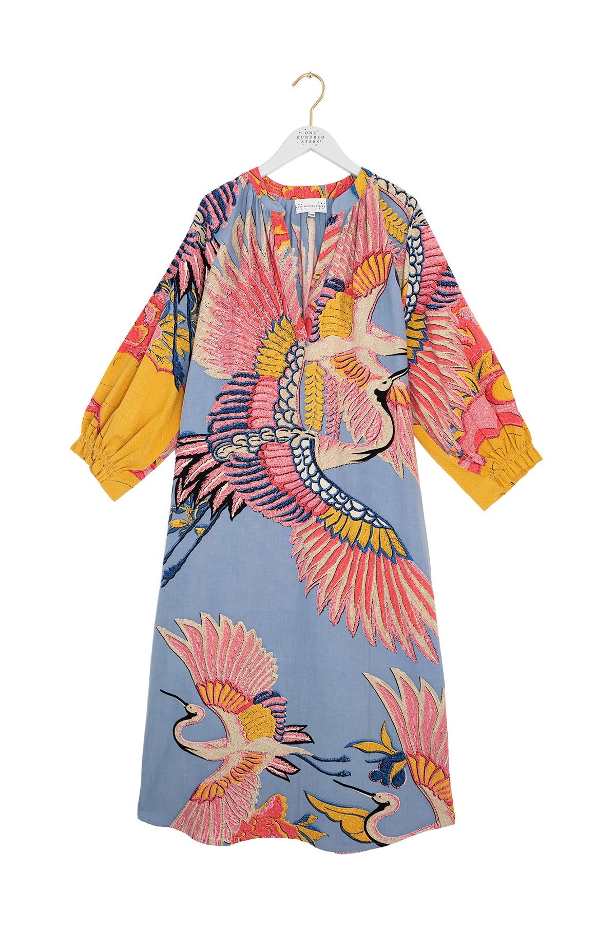 Periwinkle crane print cotton linen dress