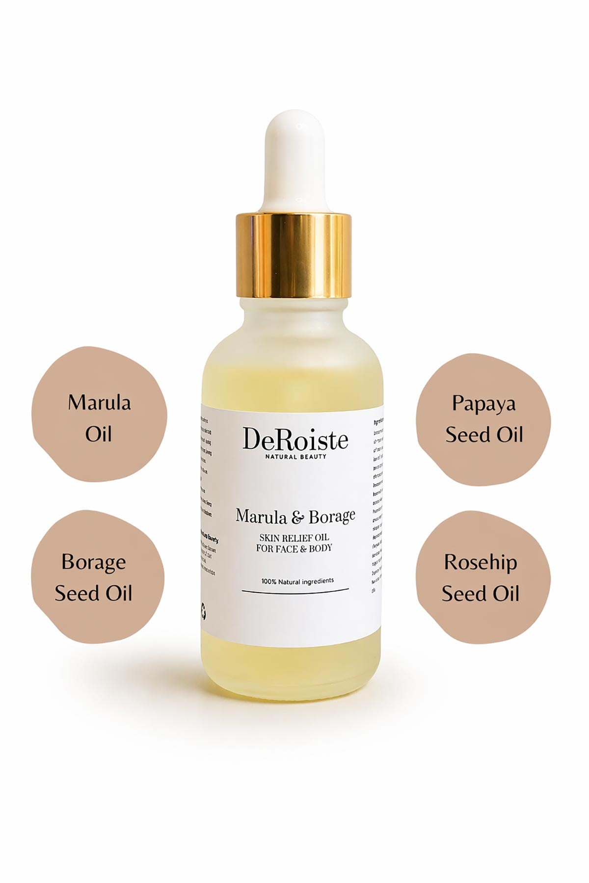 Deroiste marula and borage skin relief oil with ingredient highlights for sensitive skin at Urban Wild