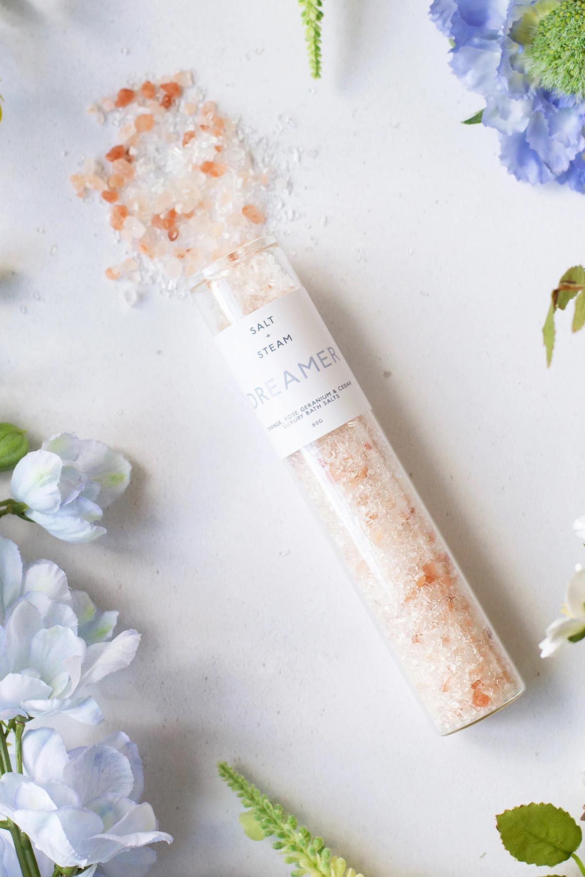Dreamer rose geranium and cedar bath salts glass shot tube with blue florals — Urban Wild