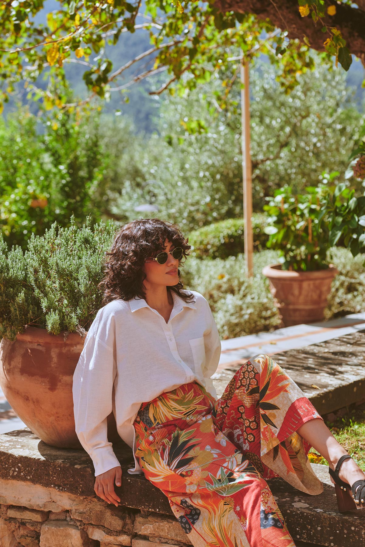 Scarlet fan print Ecovero viscose cotton trousers