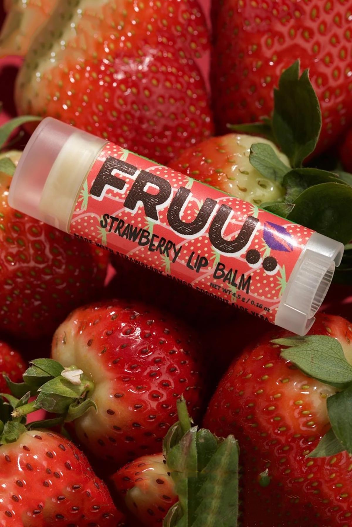 Strawberry fruit-based lip balm by Fruu..