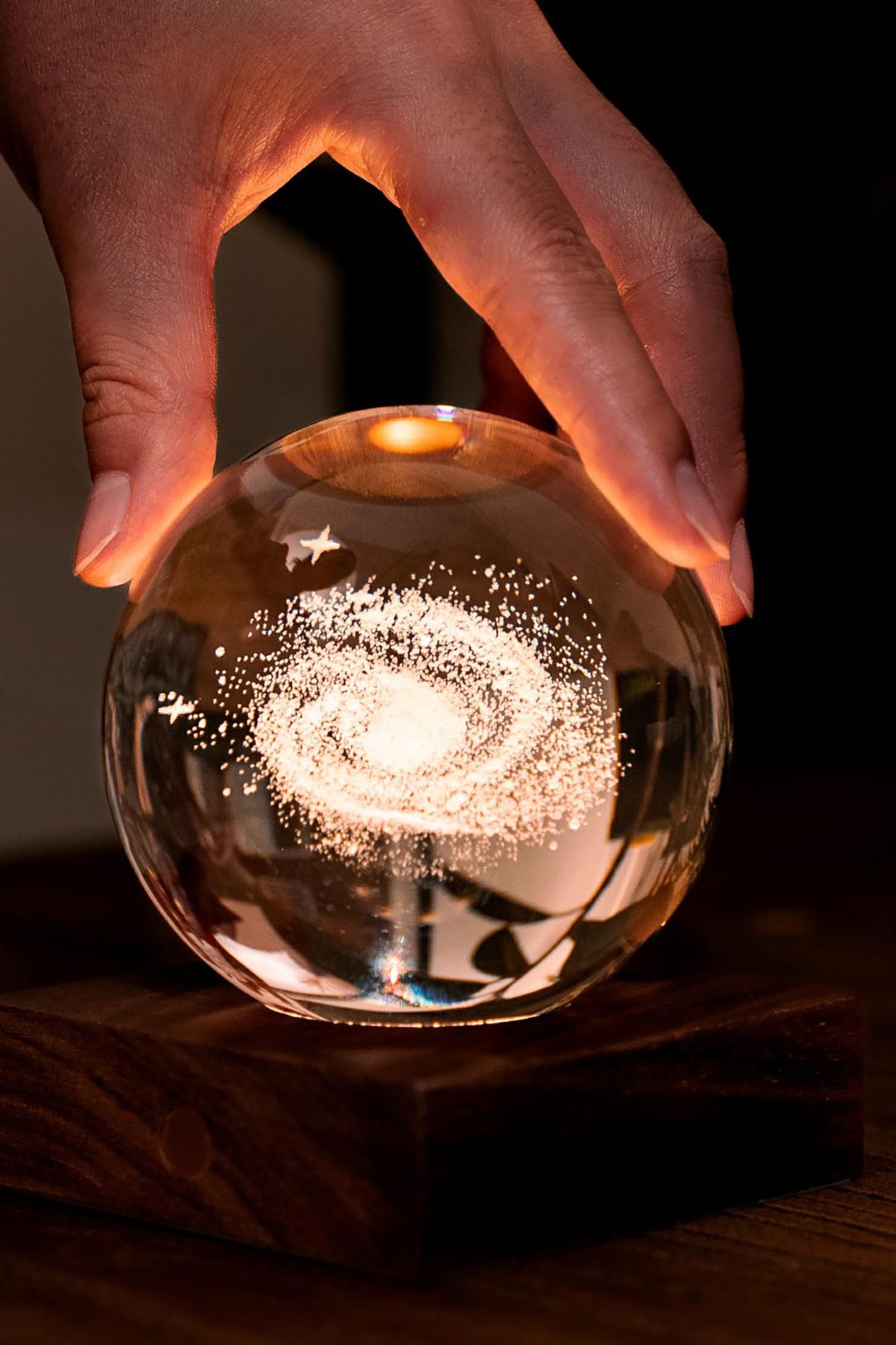 Galaxy crystal light with wooden base for modern home décor