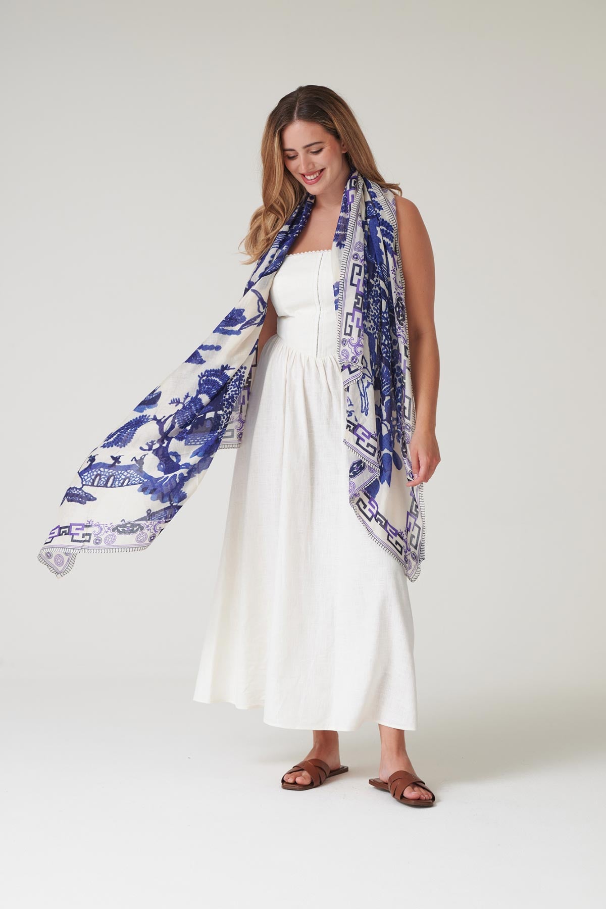 Blue willow print modal and cupro scarf