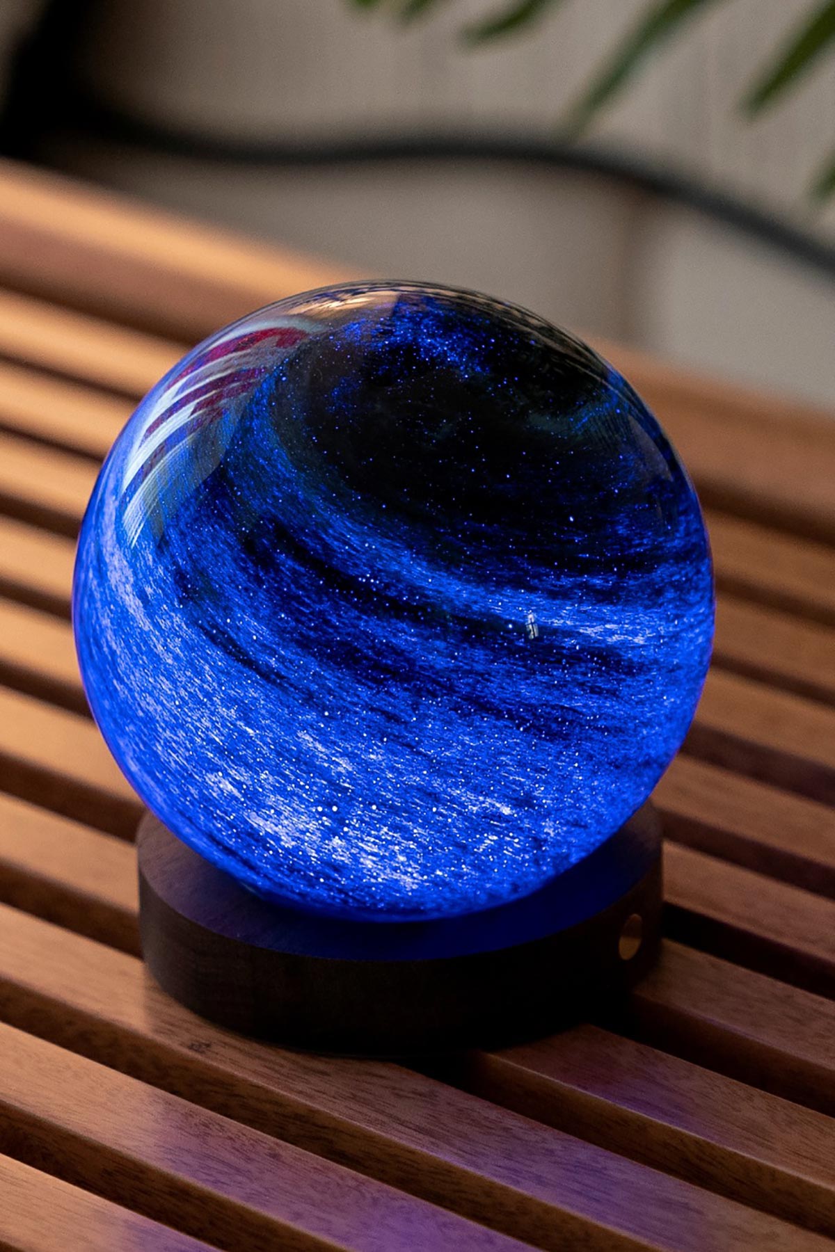 Illuminated blue Stellar Ocean LED glass orb