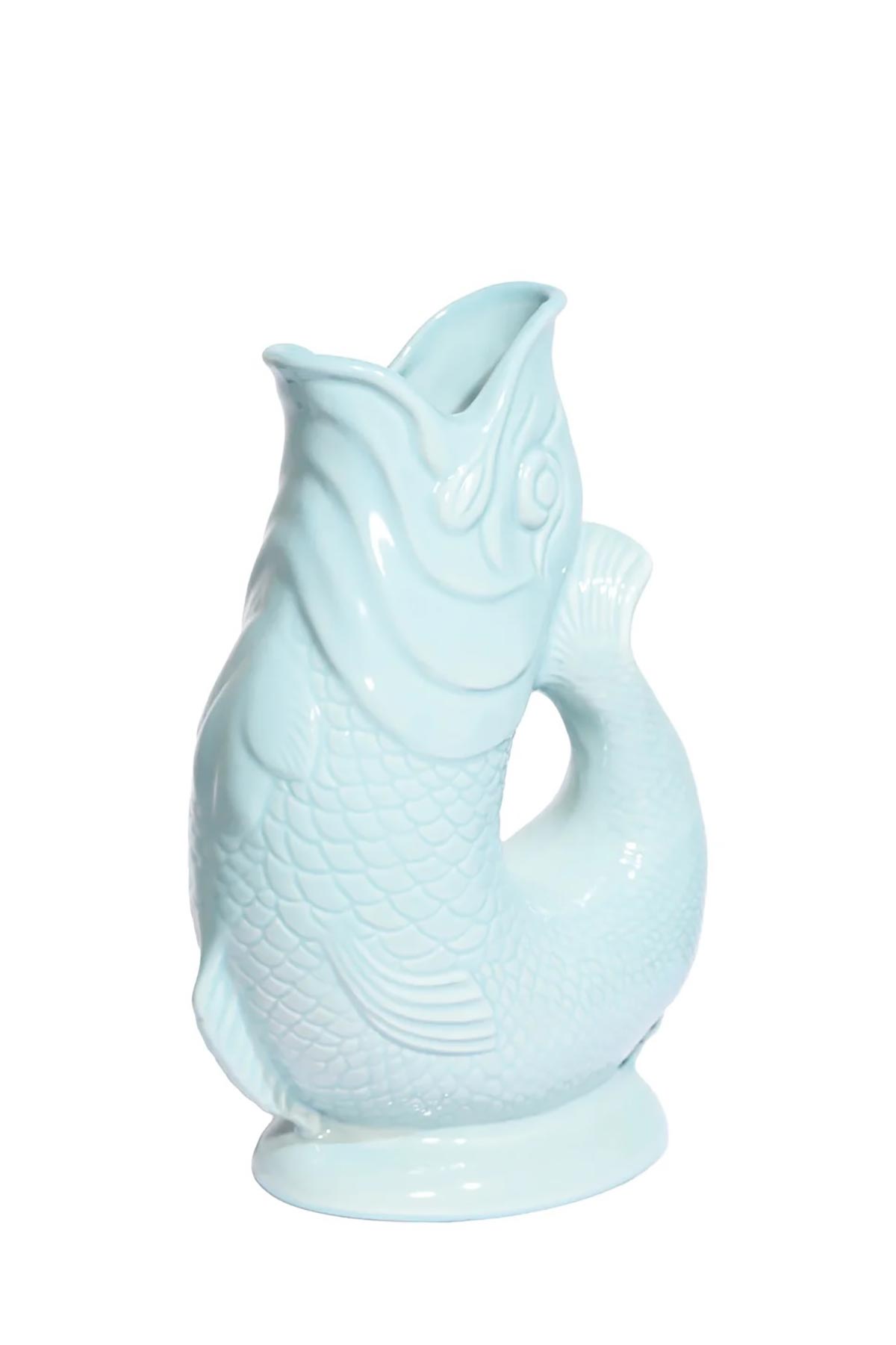 Side view of Eau de Nil green ceramic Gluggle Jug with smooth glazed finish