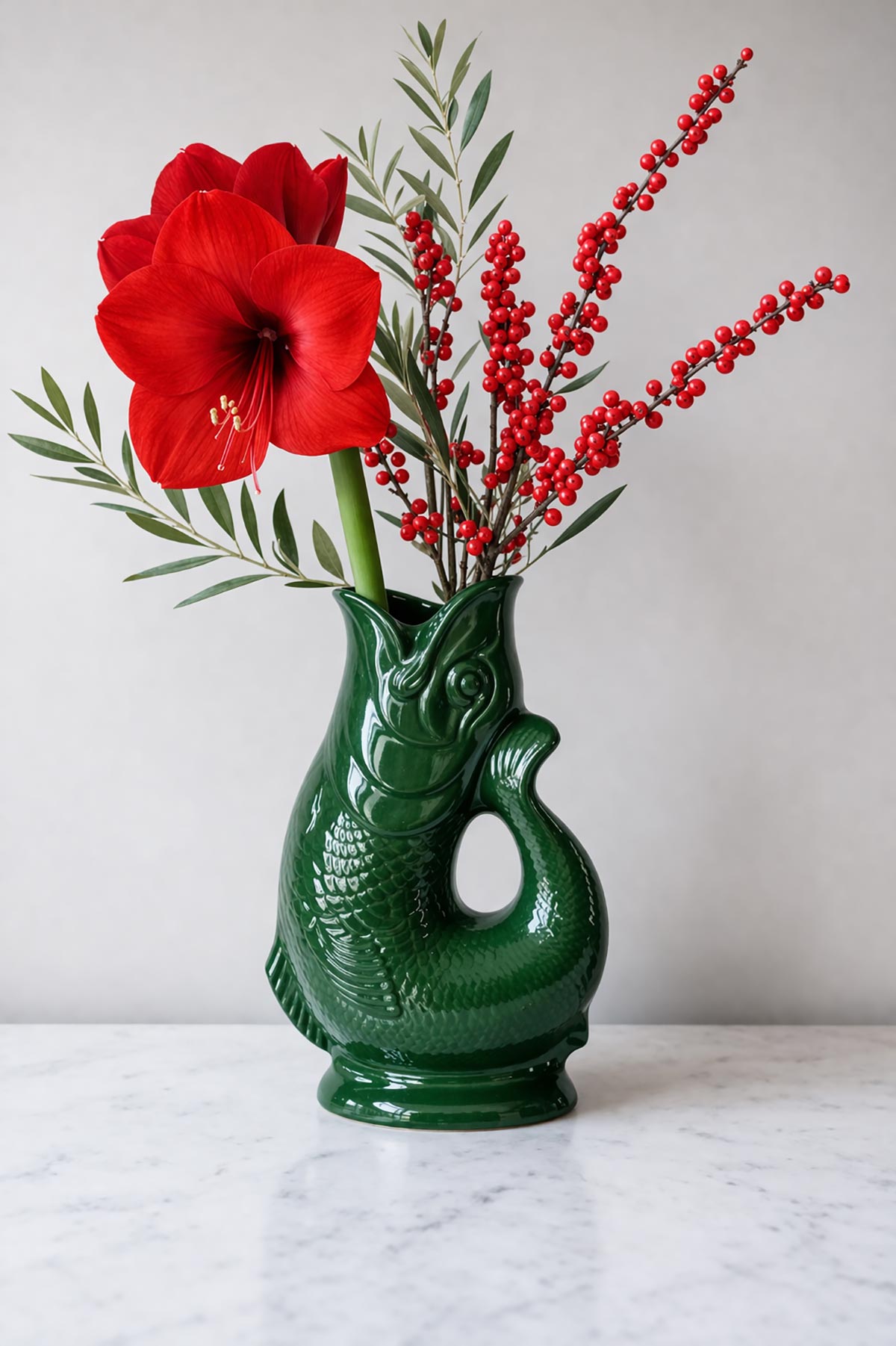 Green Gluggle Jug styled as a decorative vase in a home setting