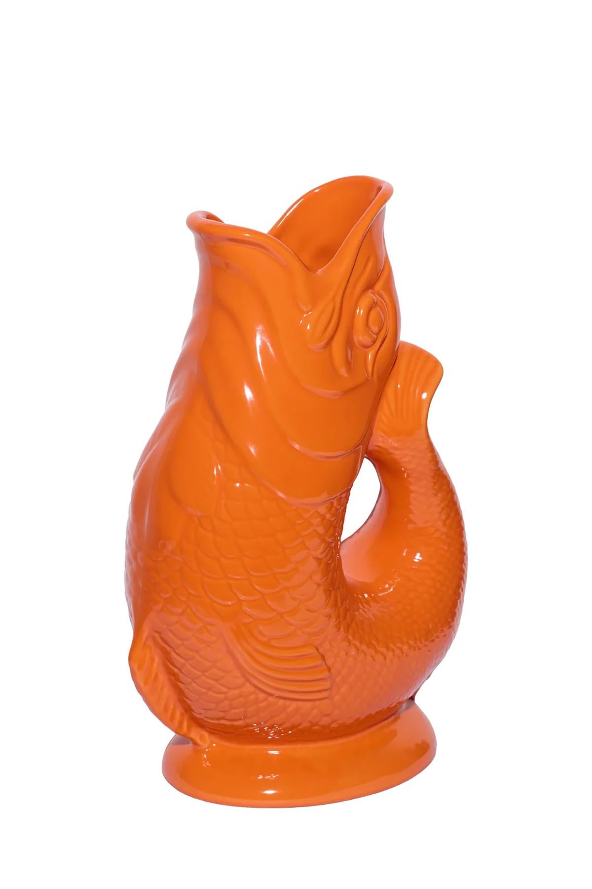 Side view of orange ceramic Gluggle Jug with smooth glazed finish