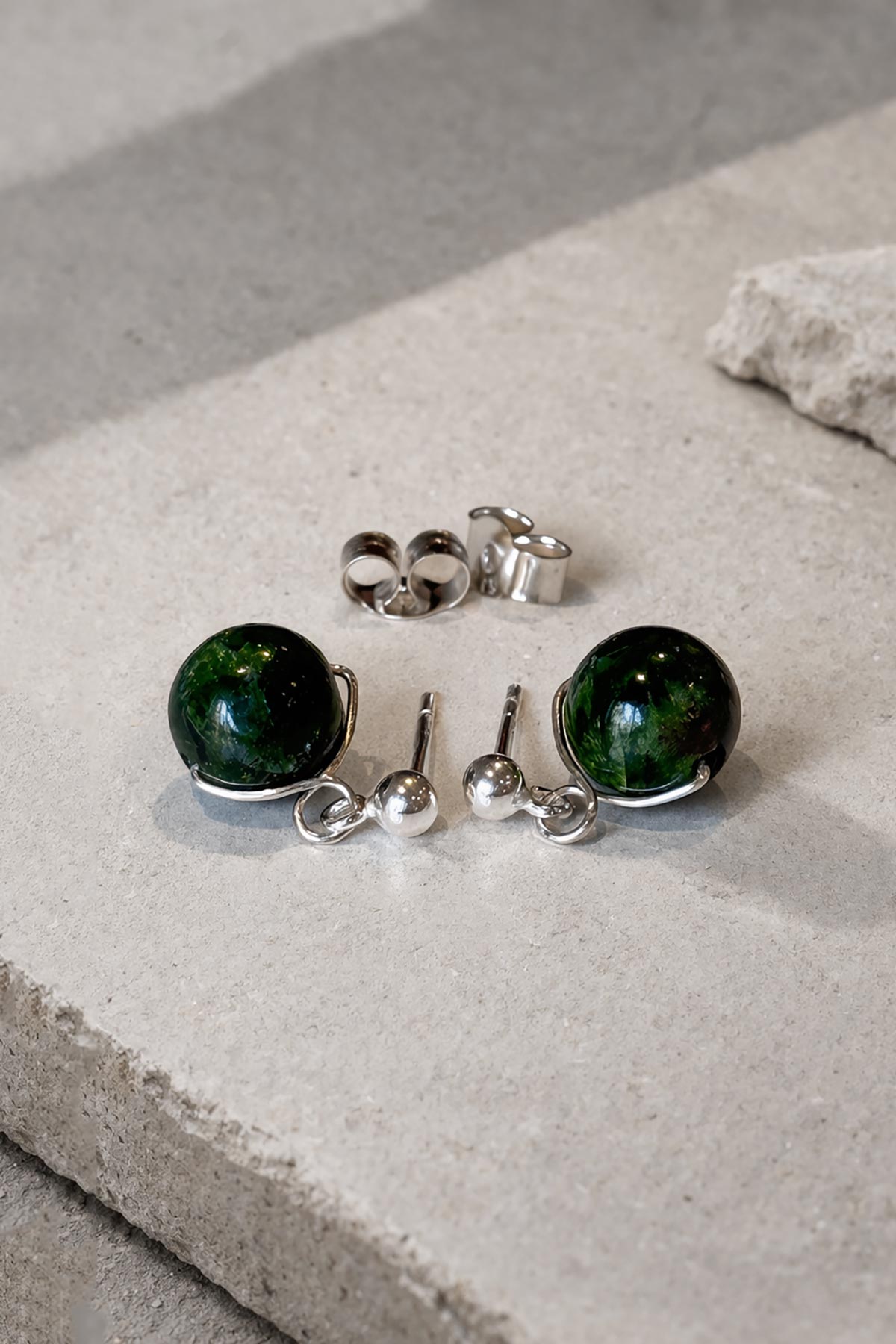 Handmade green diopside stud earrings by Twigs & Stones