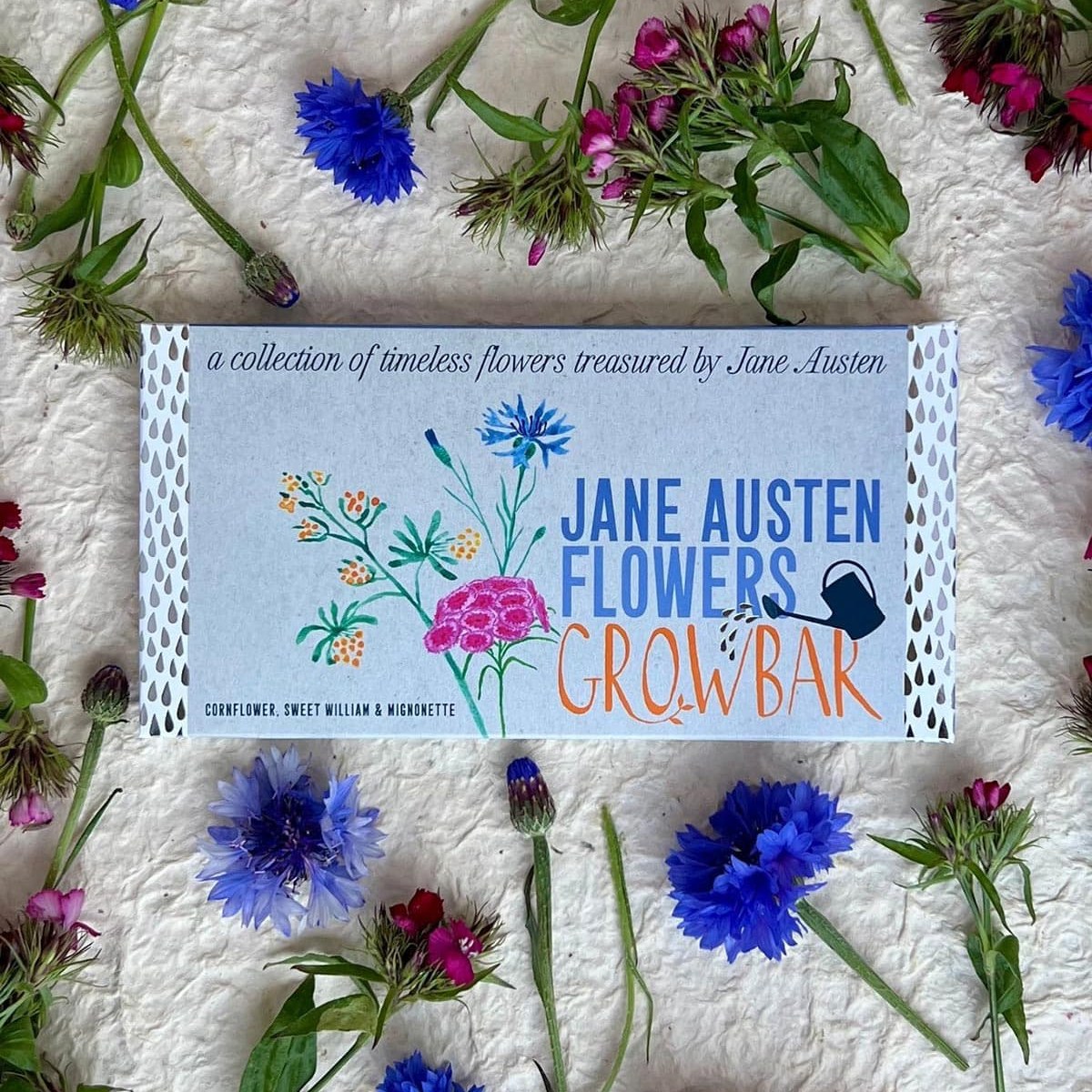 Jane Austen Flowers Growbar seed bar among cornflowers and sweet williams