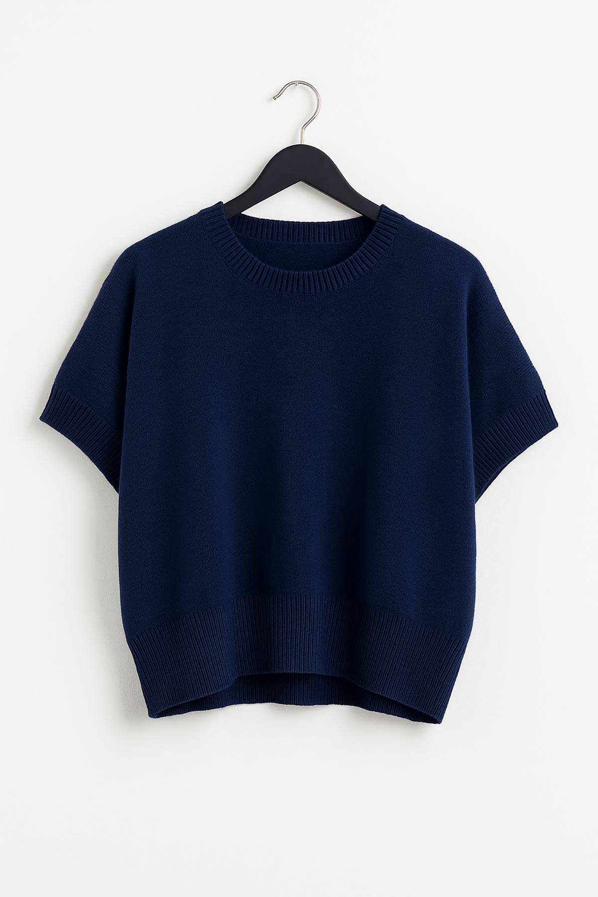Close-up of Harbour Knit Capped Sleeve Top showing ribbed hem and neckline
