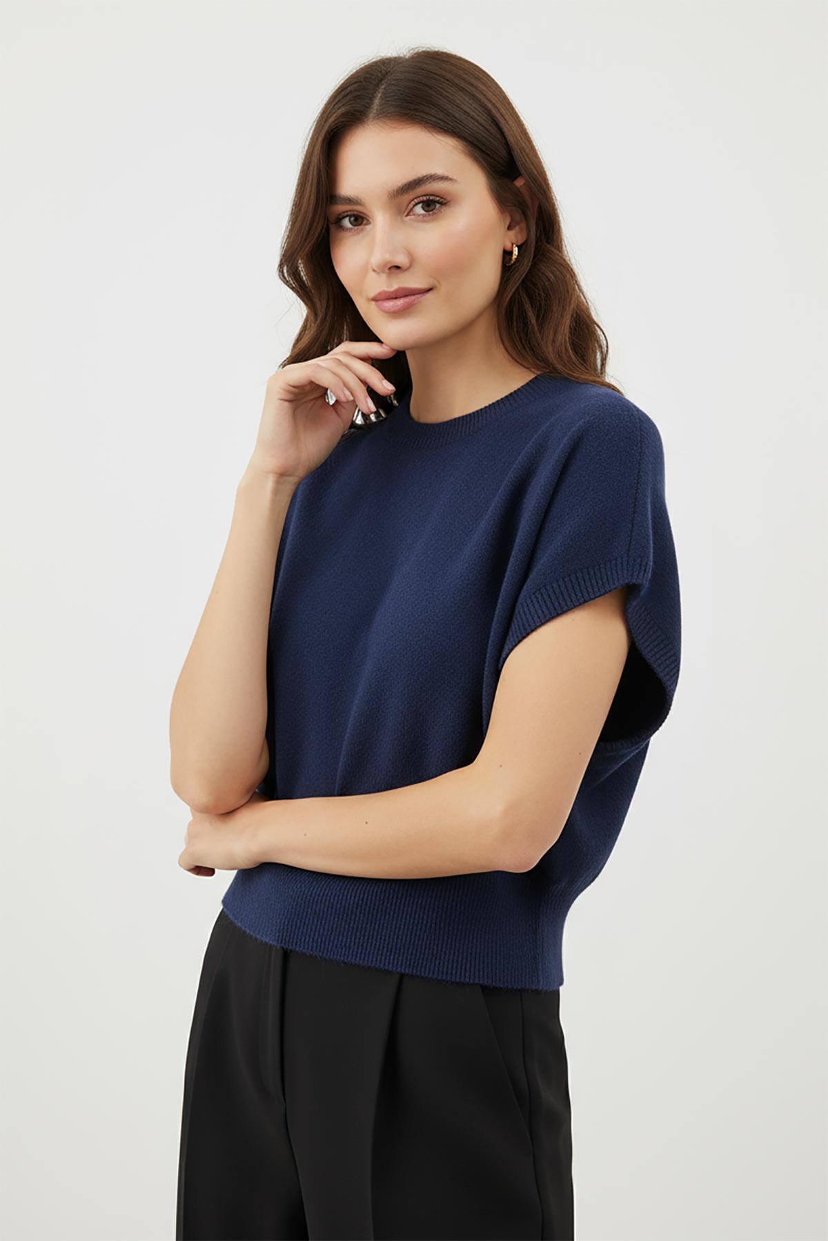 Harbour Knit Capped Sleeve Top in navy – viscose blend knit top made in Italy