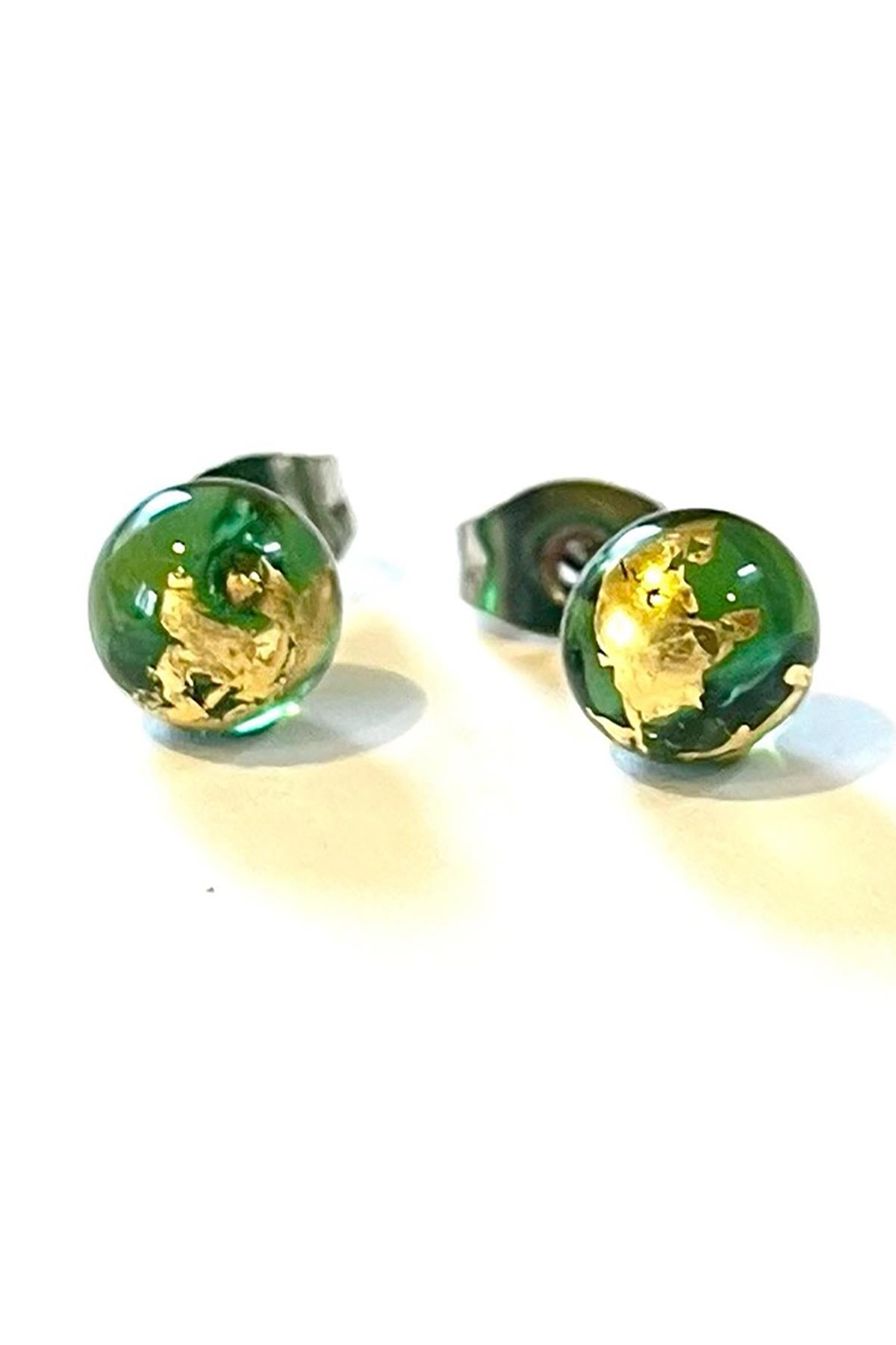 Green and gold handmade glass stud earrings