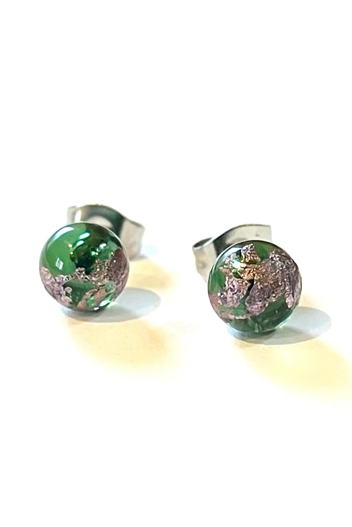 Green and palladium handmade glass stud earrings