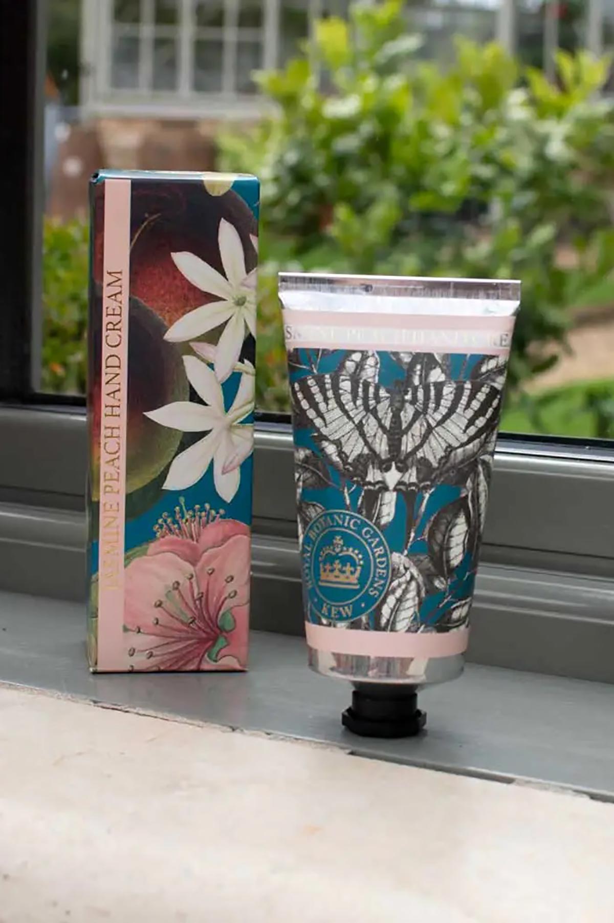 Kew Gardens Jasmine Peach Hand Cream lifestyle image styled for everyday care at Urban Wild