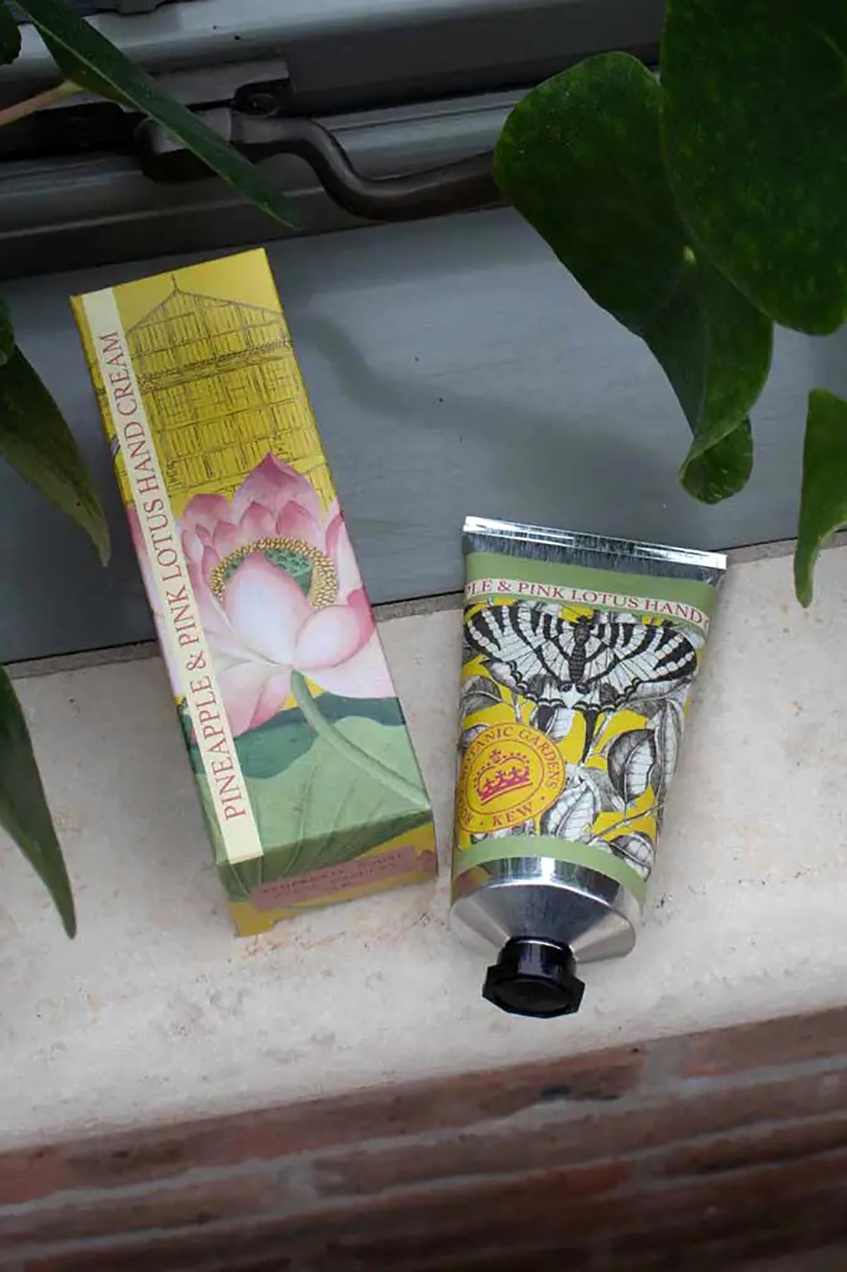 Kew Gardens Pineapple and Pink Lotus Hand Cream lifestyle image styled for everyday care at Urban Wild