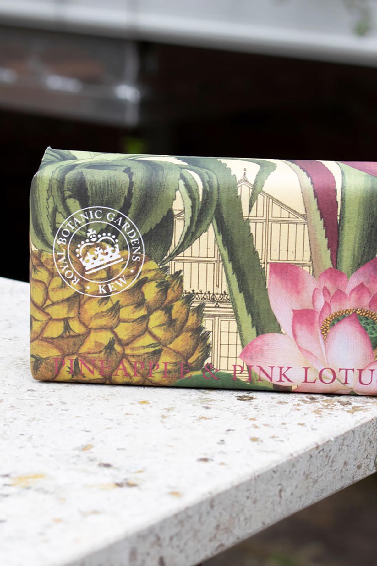Close-up detail of Kew Gardens Pineapple and Pink Lotus Soap wrapped design