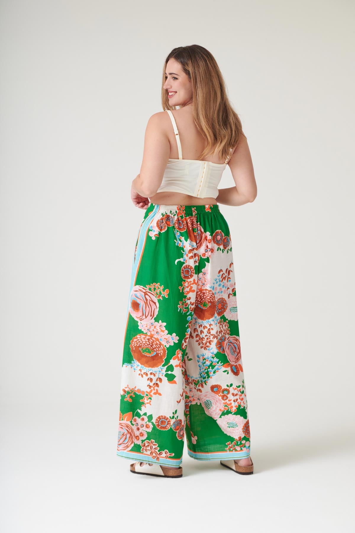 Green floral printed wide leg trousers