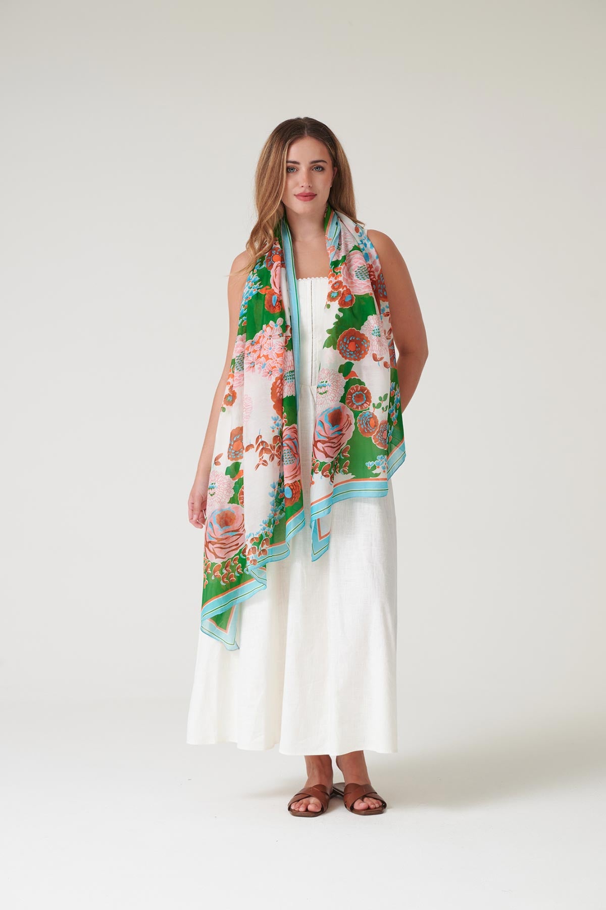 Lightweight draped green scarf made in India