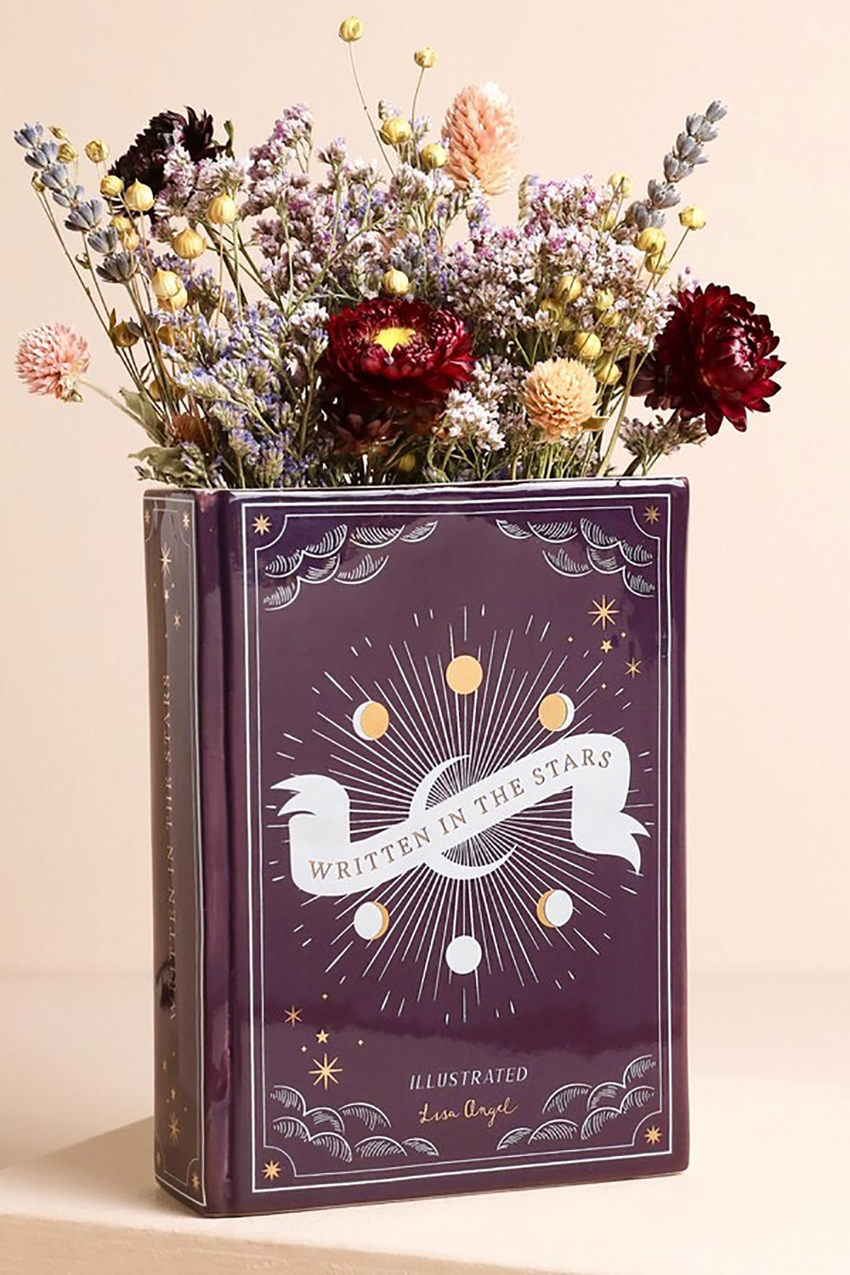 Lisa Angel Purple Ceramic Celestial Book Vase with gold stars and moon design