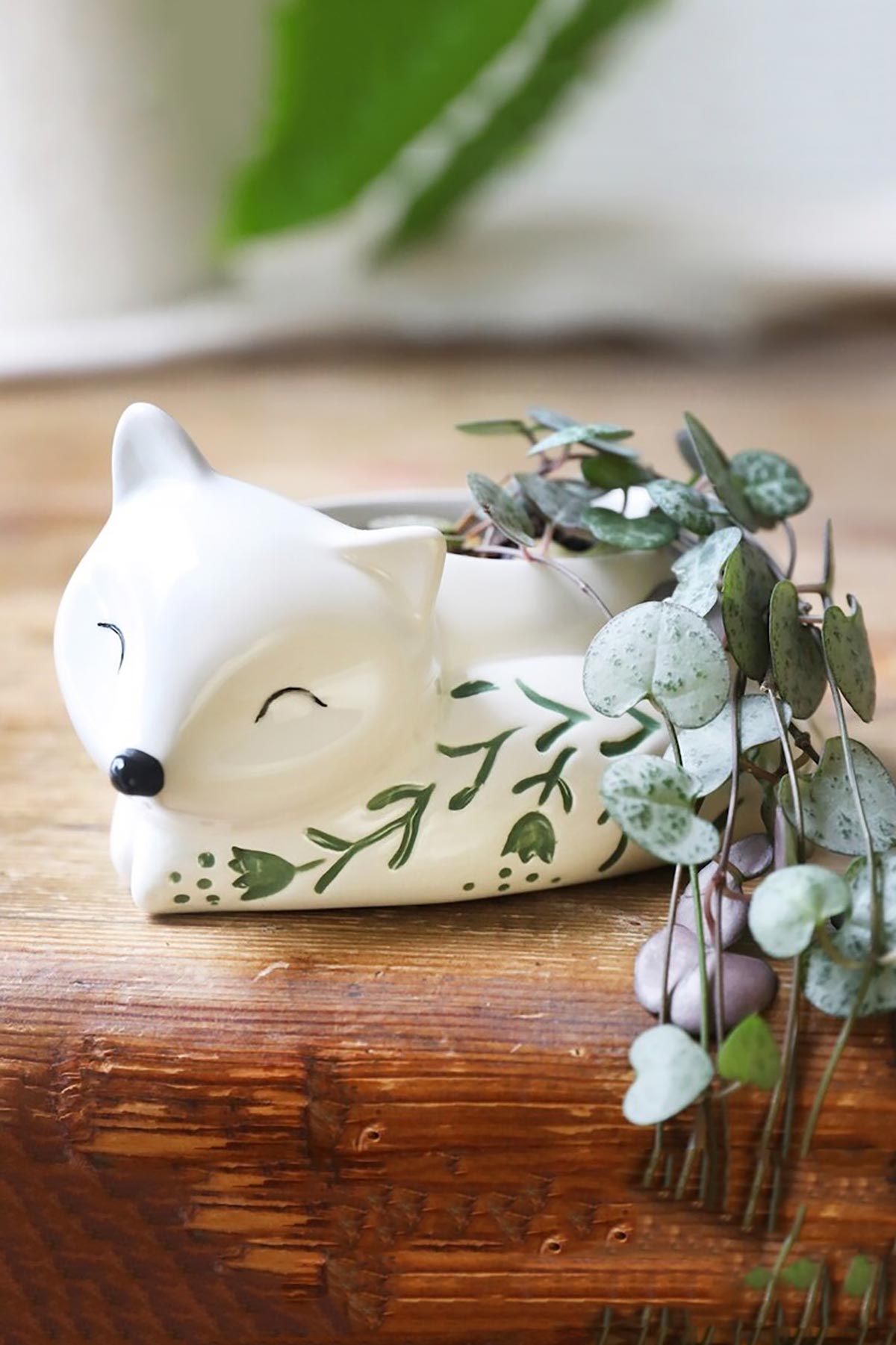 Sleeping fox planter styled on shelf
