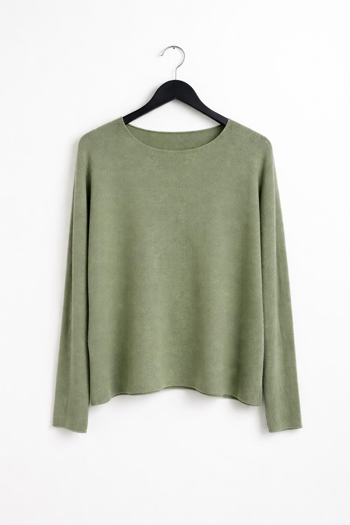 Sage green reversible seamless knit jumper flat lay – made in Italy from soft viscose blend by Urban Wild