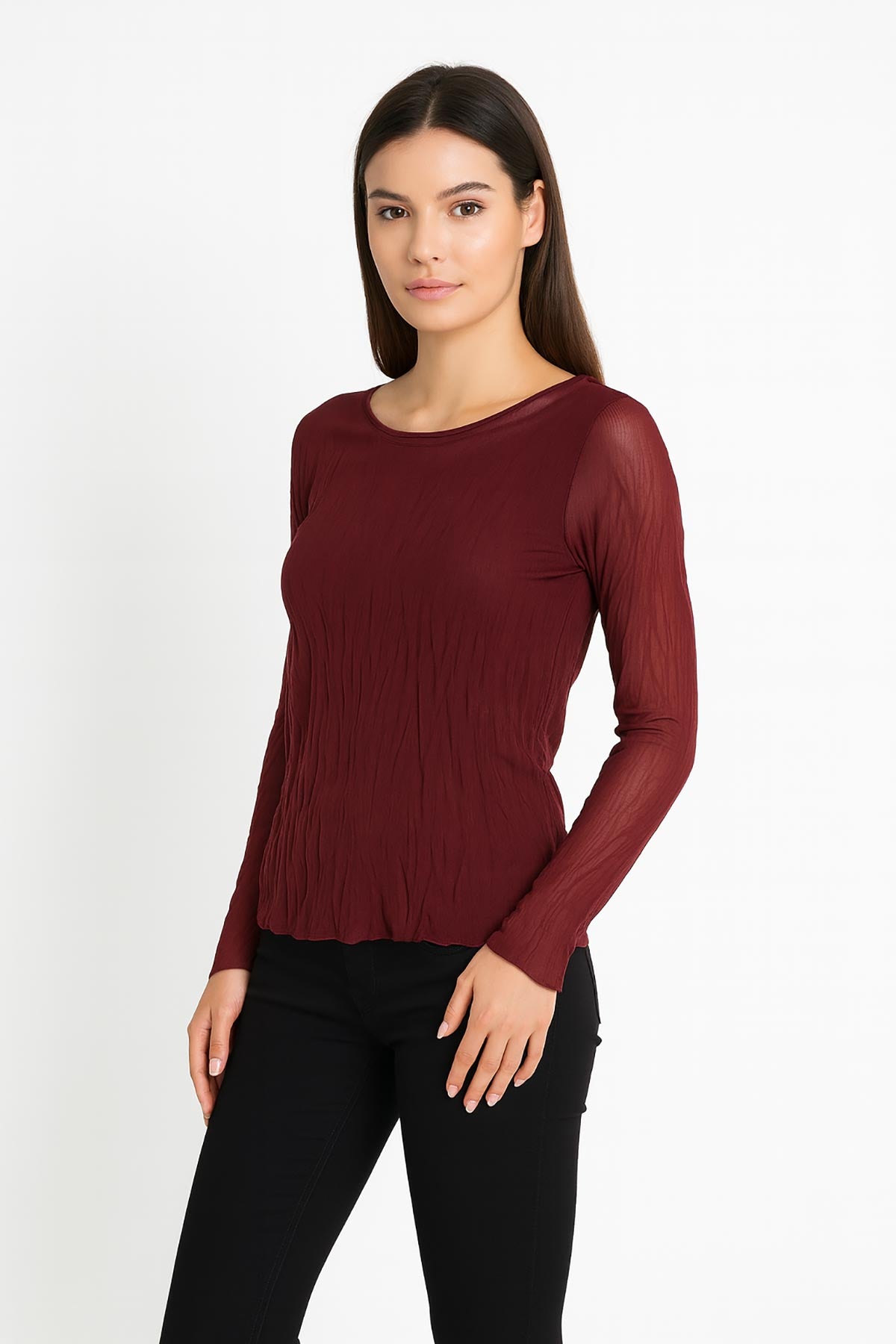 Luna Sheer Crinkle Layered Top in burgundy – made in Italy