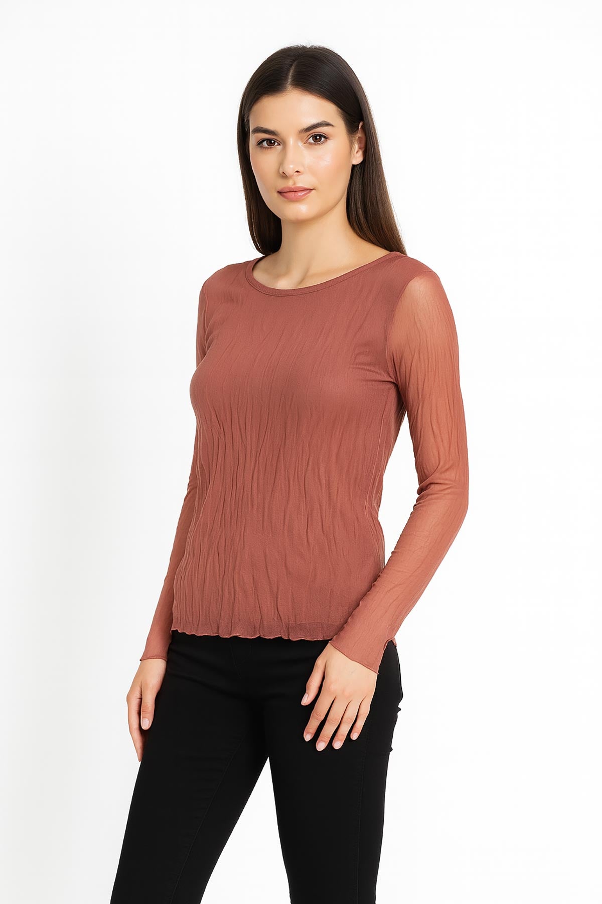 Luna Sheer Crinkle Layered Top styled with jeans – long sleeve lightweight top