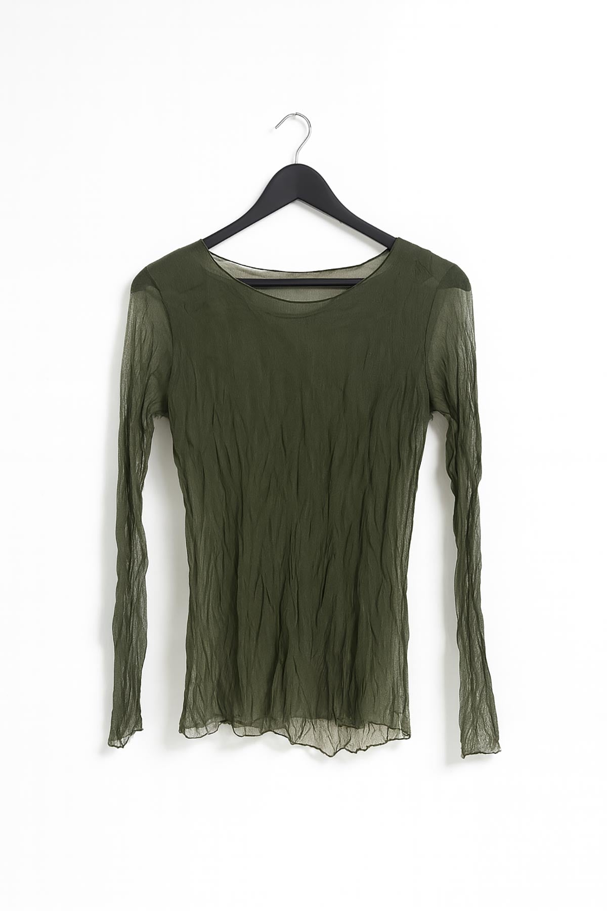 Close-up of Luna Sheer Crinkle Layered Top texture and lining detail in olive