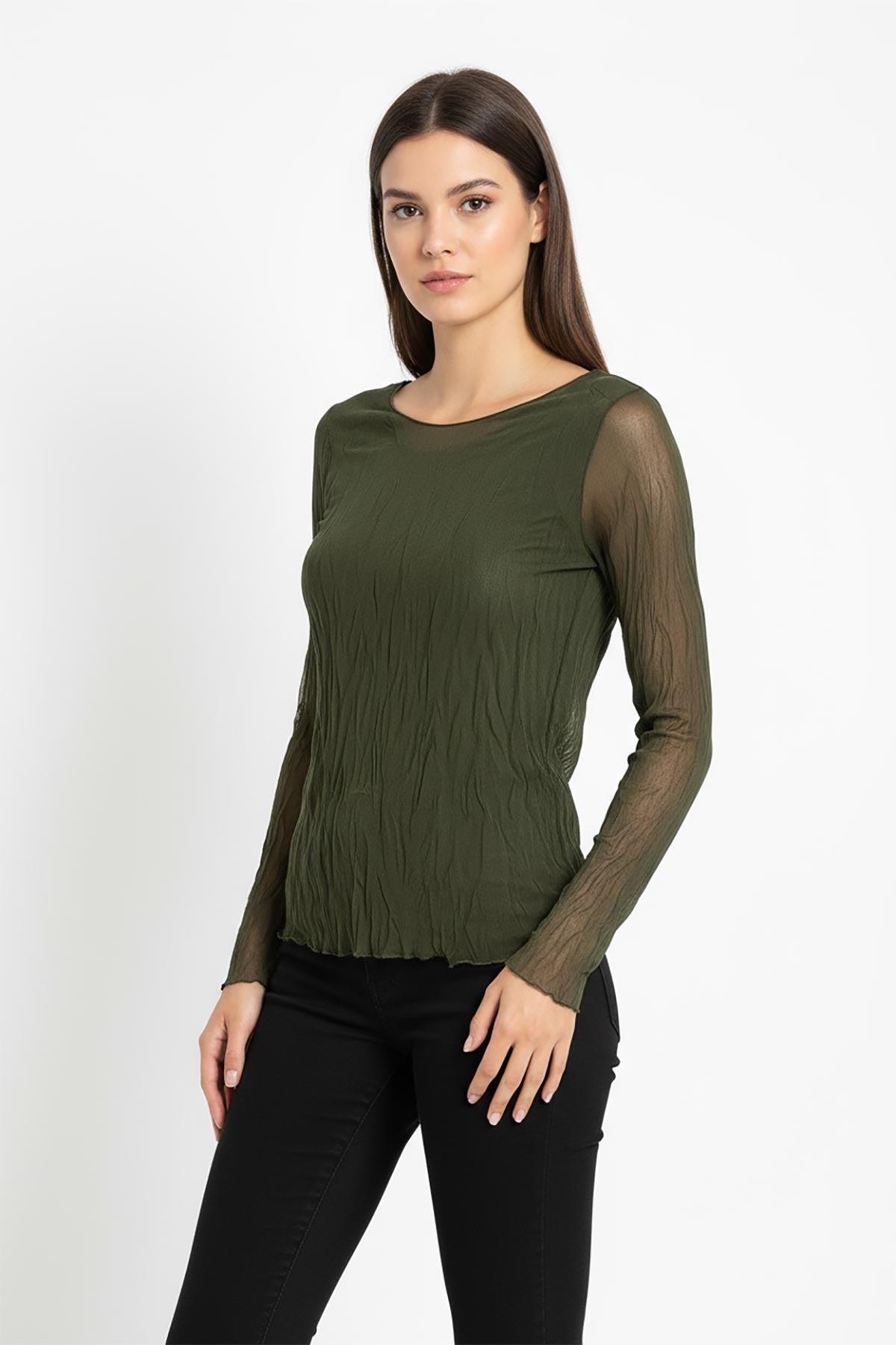 Luna Sheer Crinkle Layered Top in olive – made in Italy