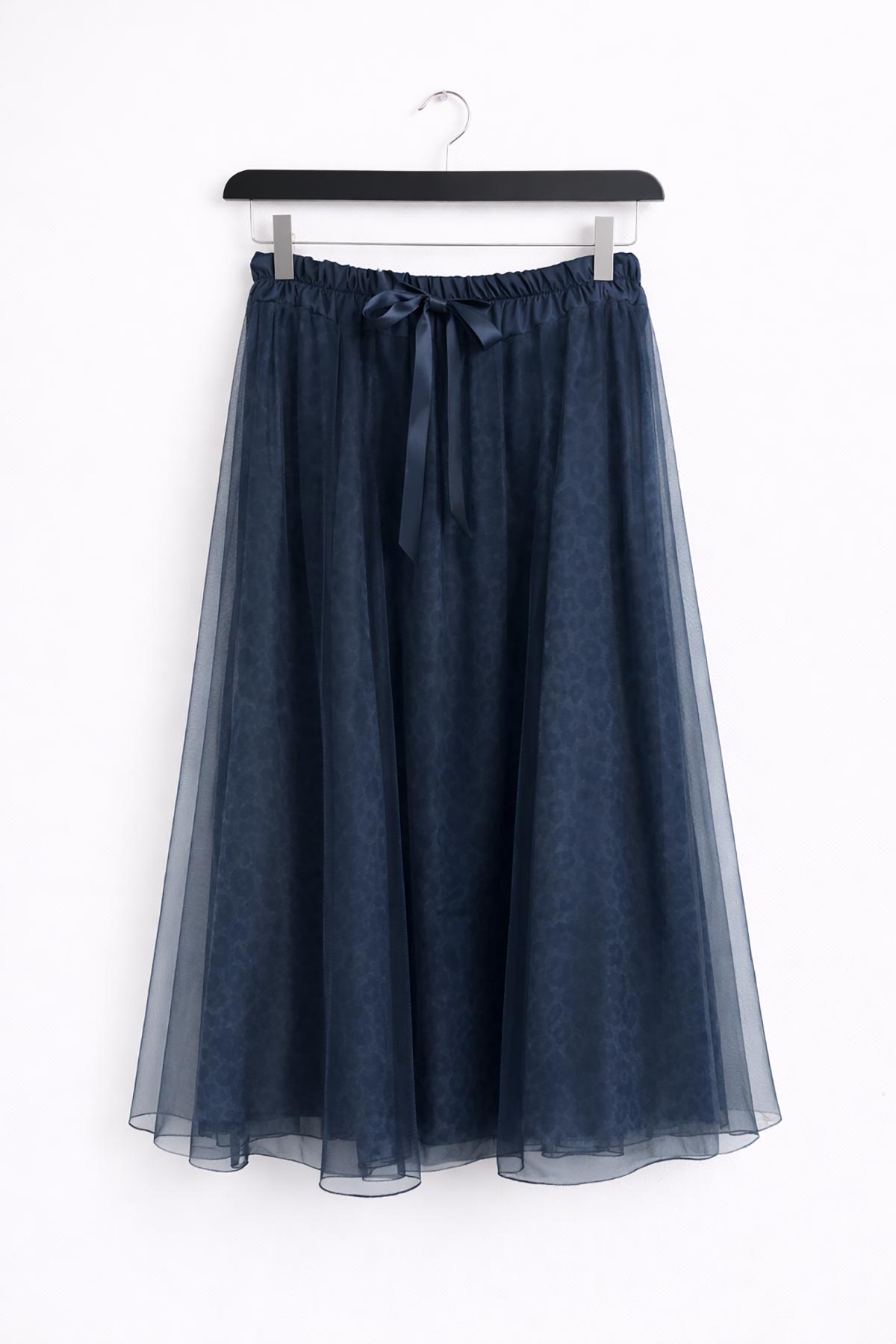 Blue leopard print tulle skirt with flowing design