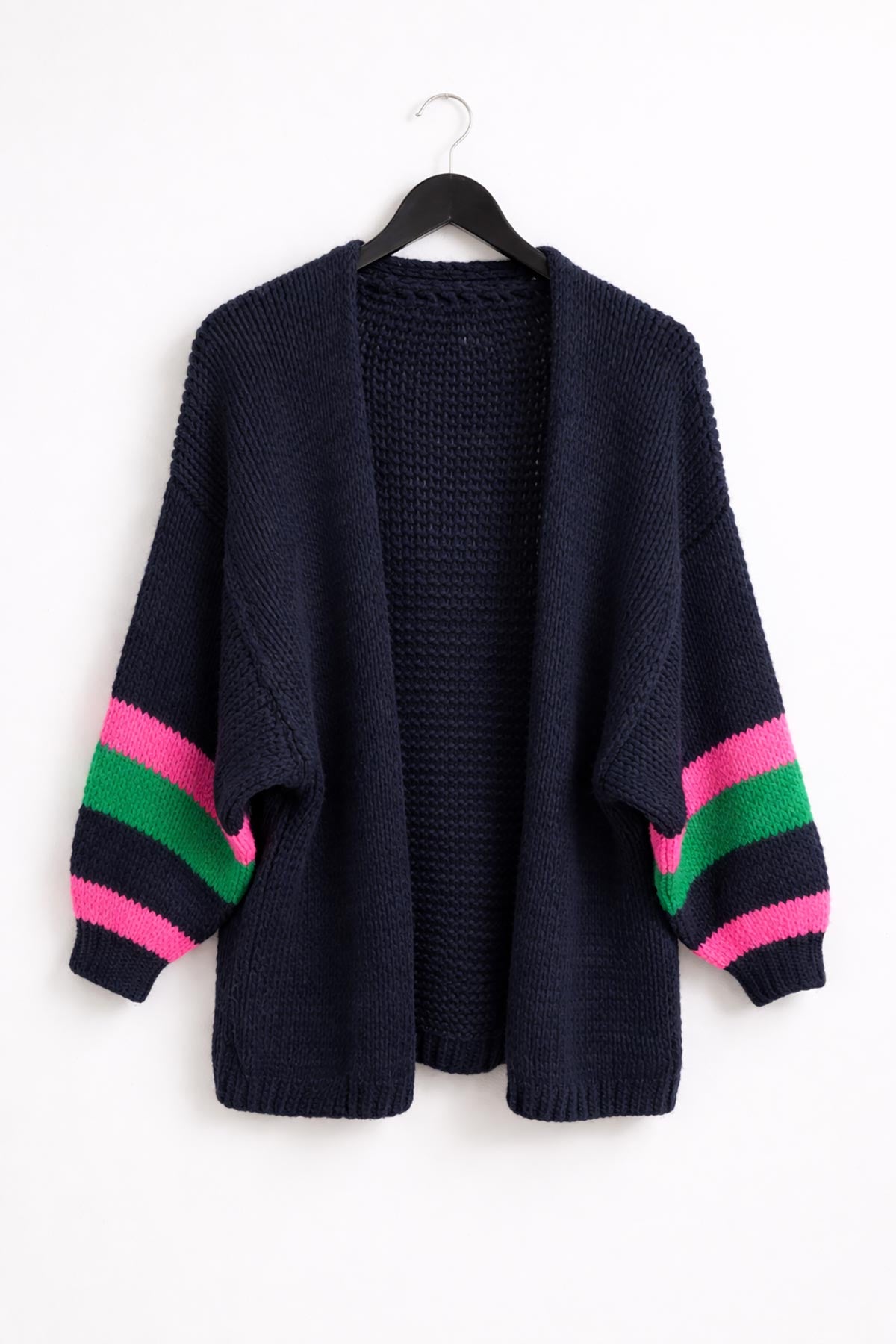 Midnight Stripe Chunky Wool Blend Cardigan in navy with striped sleeves