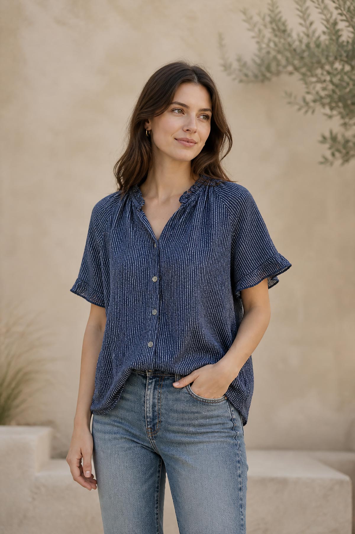 Detail view of navy stripe cotton gypsy top with relaxed fit