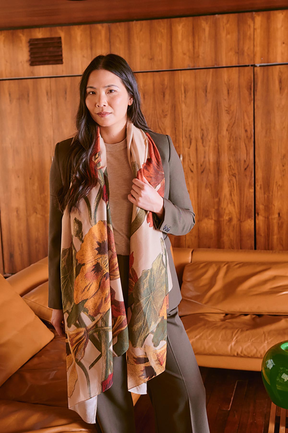 Model wearing Nasturtium Fawn Scarf large size