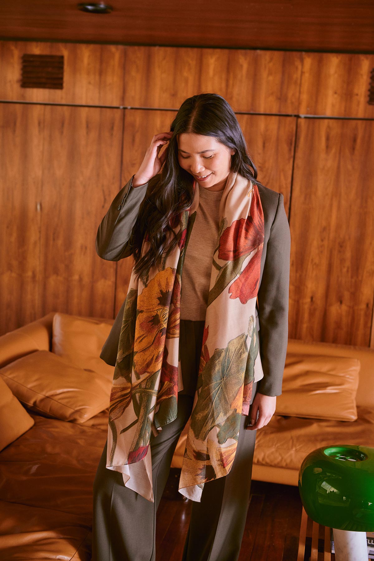 Model wearing Nasturtium Fawn Scarf large size