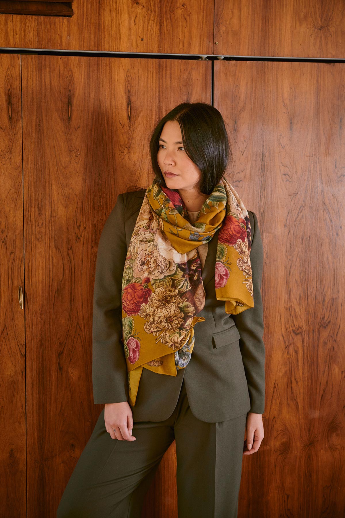Model wearing Primula Gold Scarf