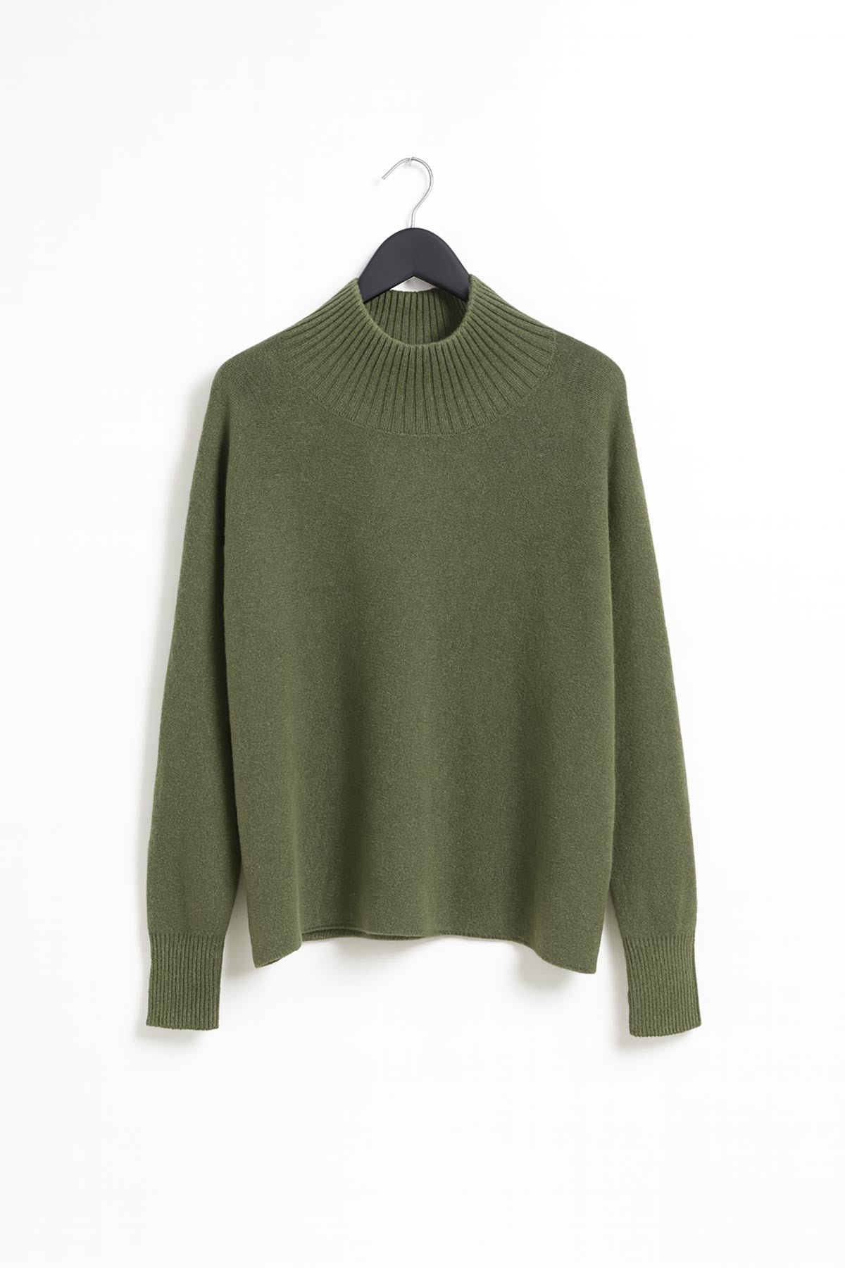 Olive Haze Seamless Turtleneck Jumper close-up of ribbed neckline and soft texture