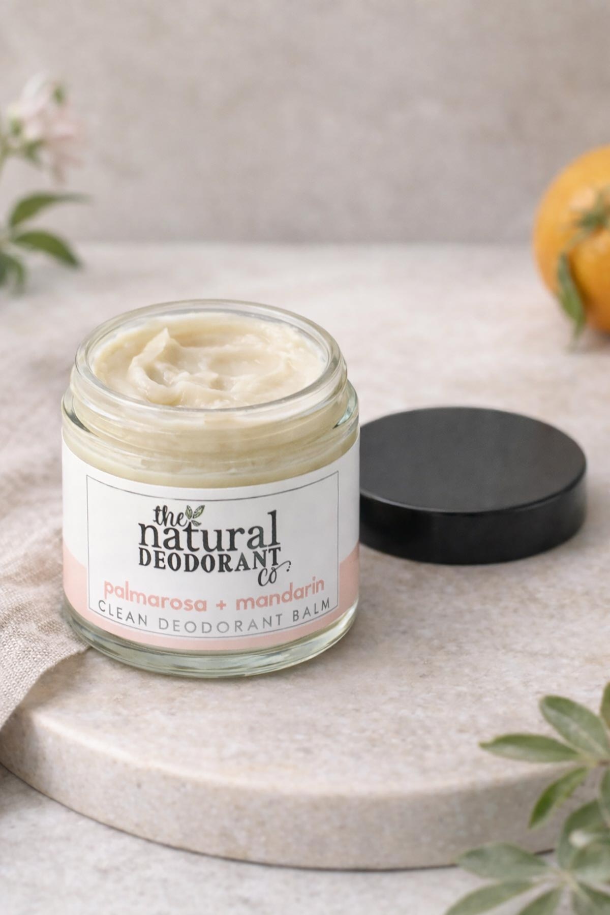Palmarosa and mandarin natural deodorant balm textu
