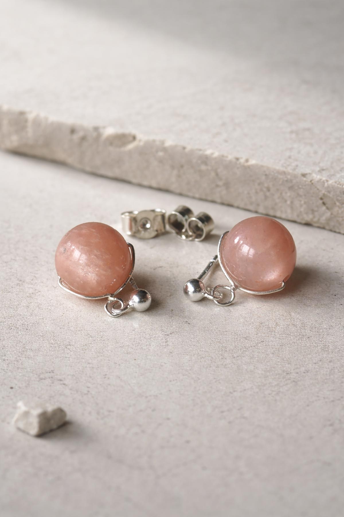 Handmade peach moonstone stud earrings by Twigs & Stones