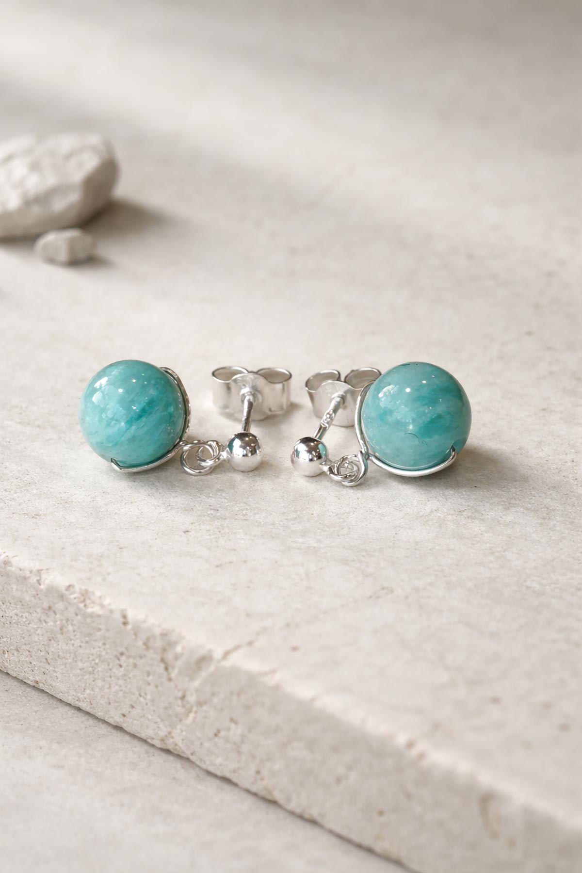 Handmade Peruvian amazonite stud earrings by Twigs & Stones