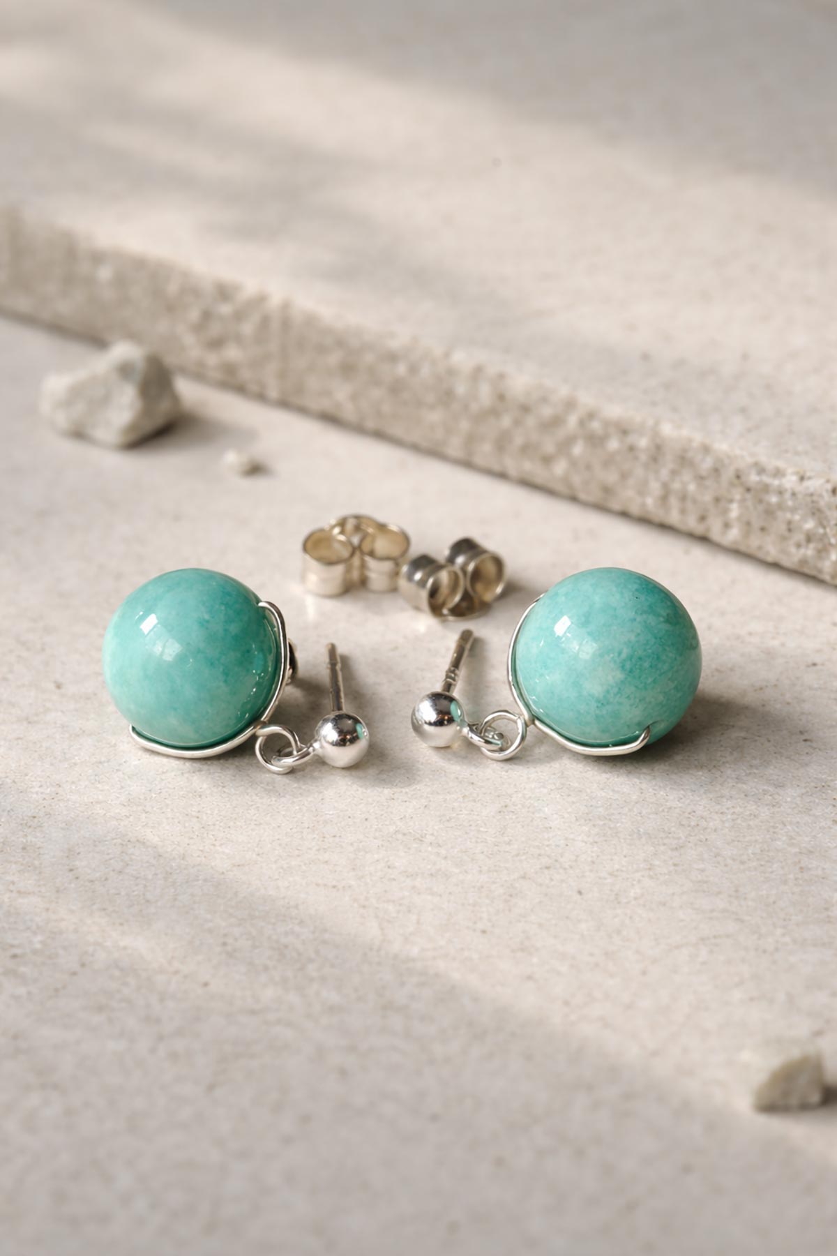 Peruvian amazonite stud earrings detail view