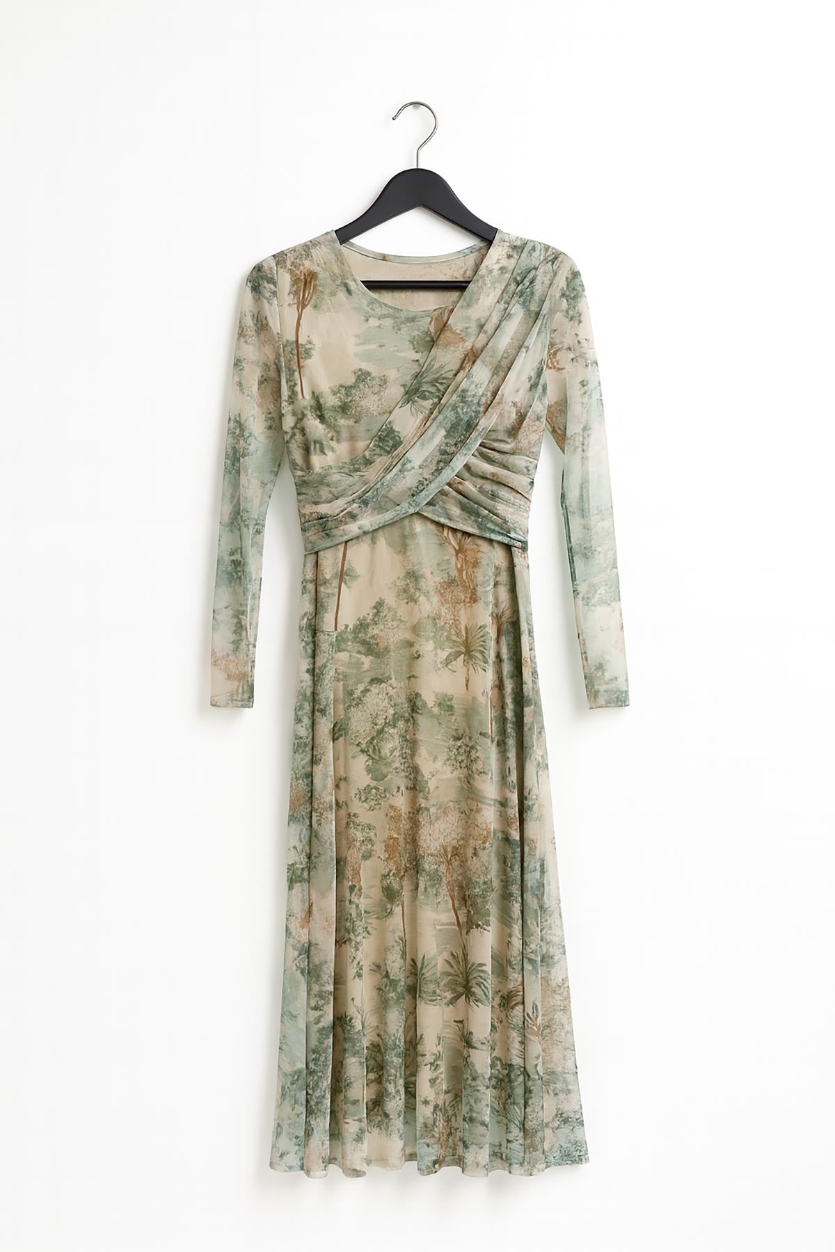 Close-up of Picture Perfect Tulle Dress showing soft tulle print and draped detail