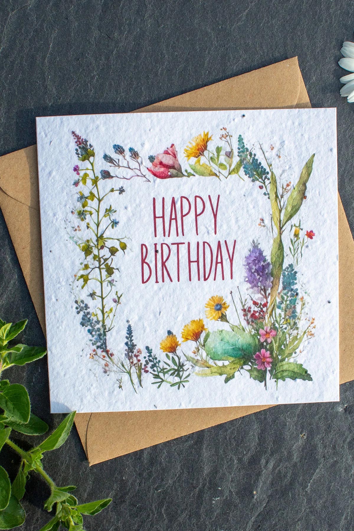 Plantable birthday card with floral wreath design