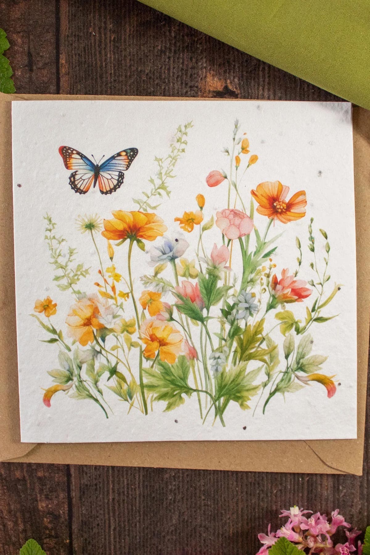 Plantable greetings card with butterfly and floral illustration