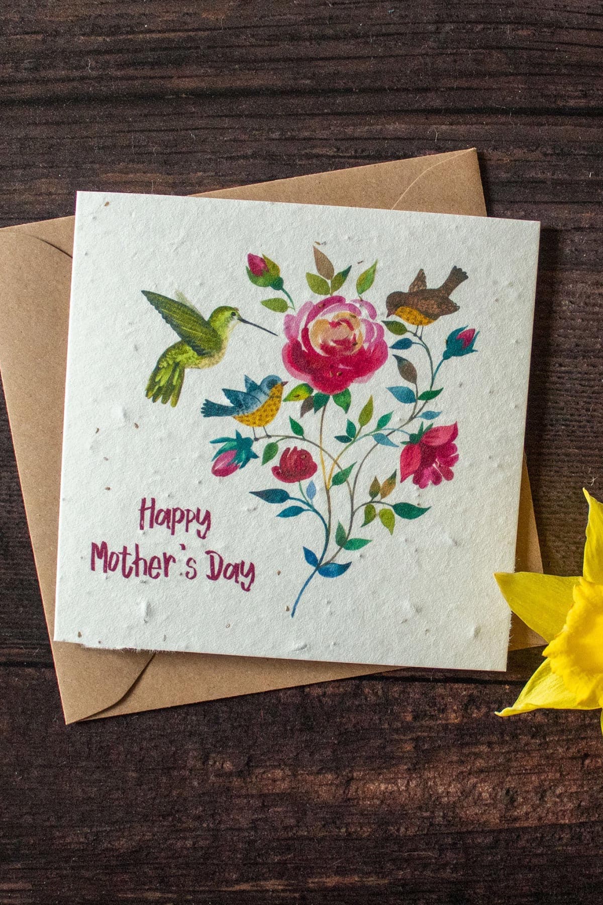Plantable Mother’s Day card with birds and roses illustration