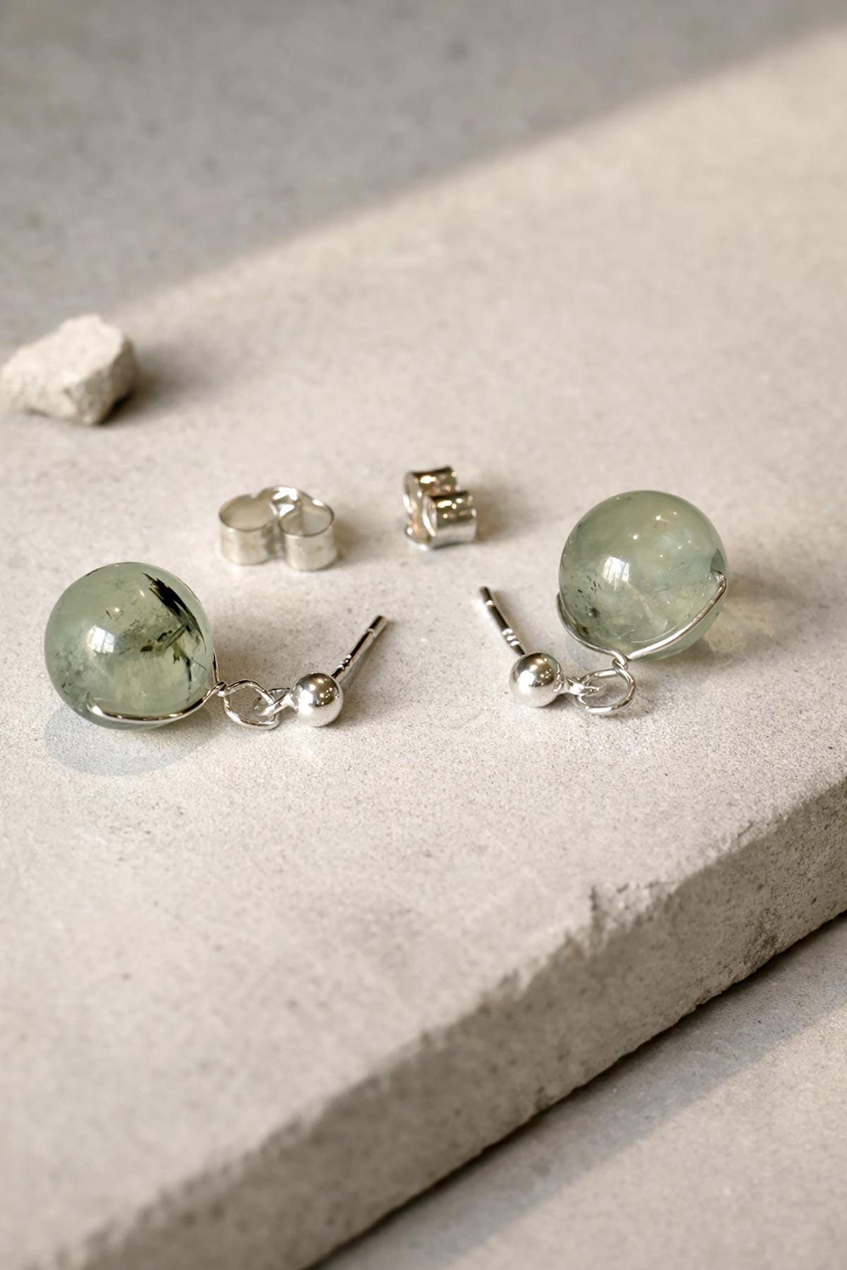 Handmade prehnite stud earrings by Twigs & Stones