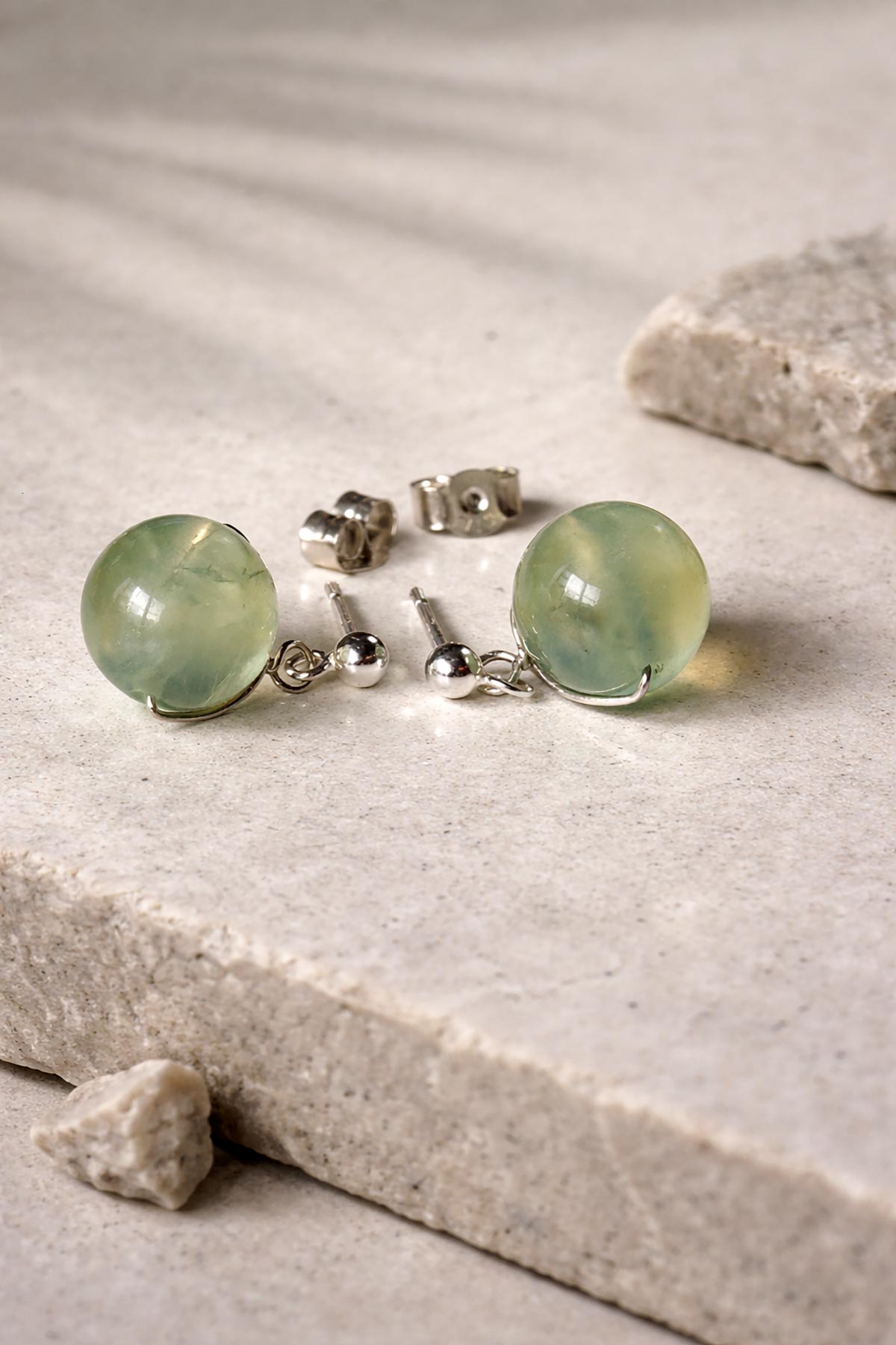 Prehnite stud earrings detail view