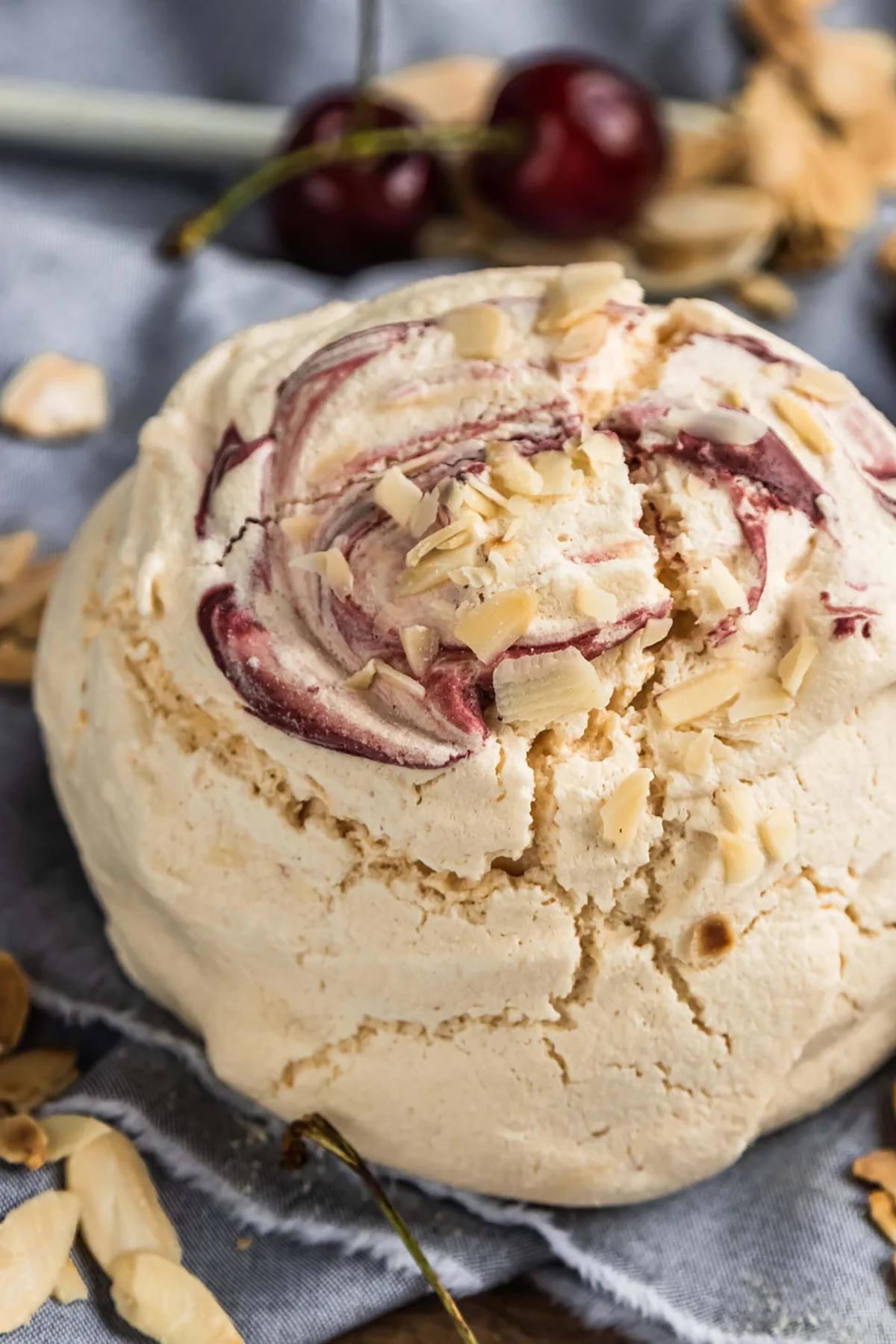 Close-up of cherry-almond meringue swirl