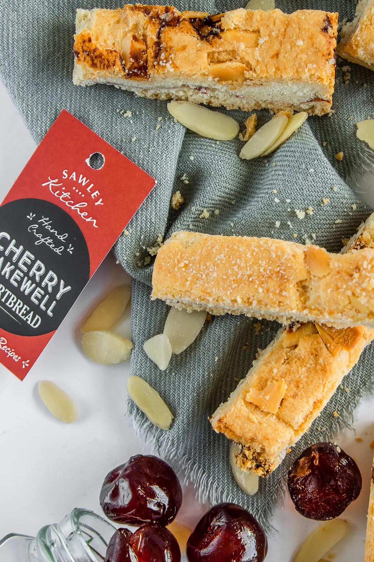 Close-up of cherry and almond shortbread pieces