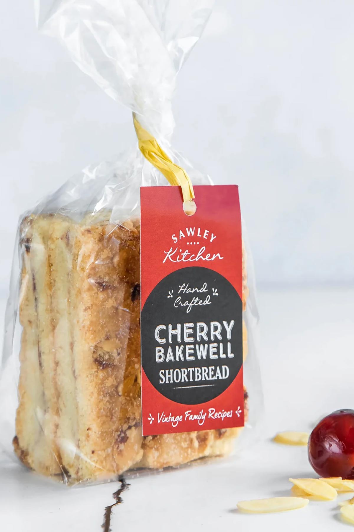 Packaging of Sawley Kitchen Cherry Bakewell Shortbread