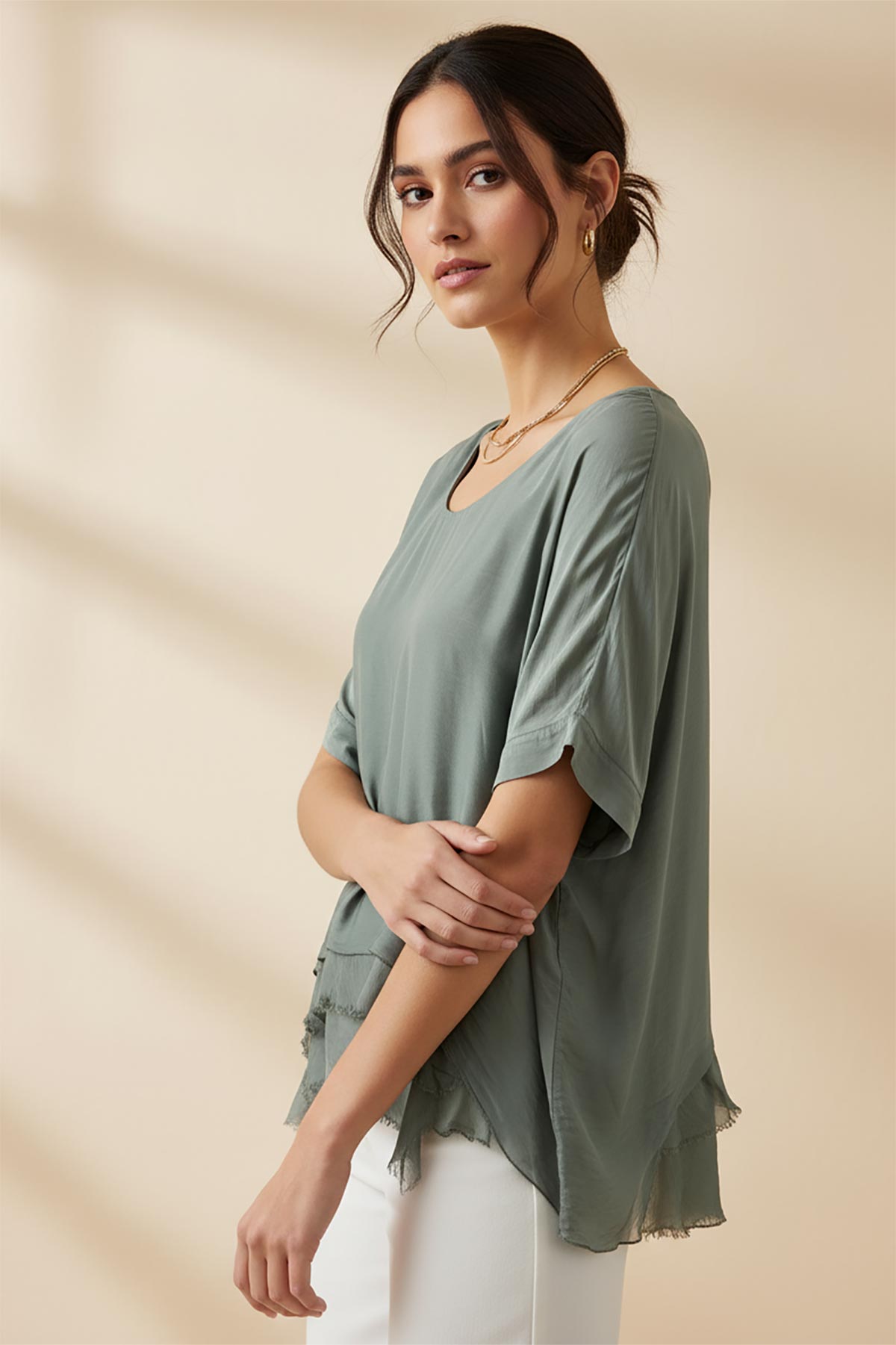 Seren Silk Blend Top in khaki – relaxed silk-viscose blouse made in Italy